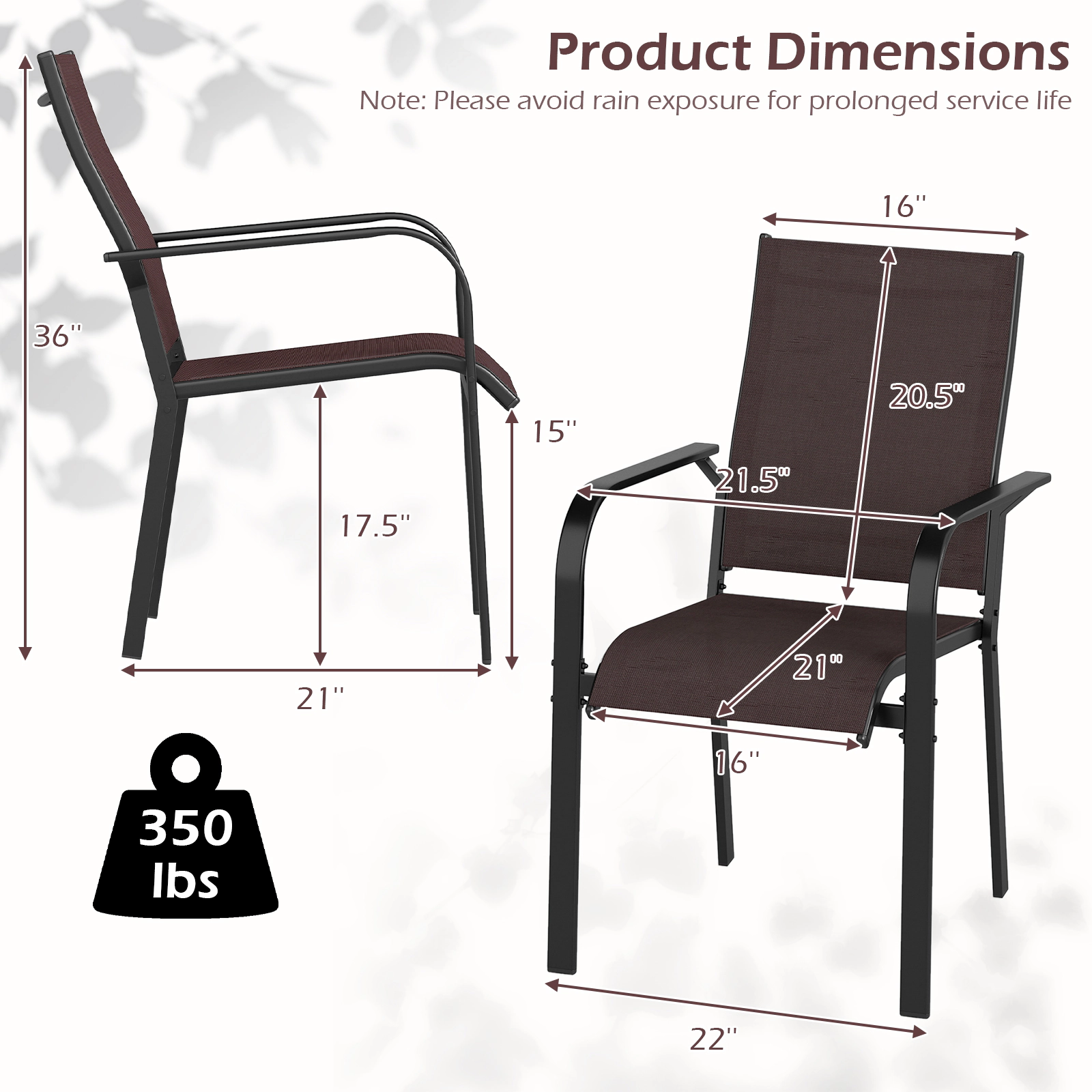 SUGIFT Stackable Metal Patio Dining Armchairs with Breathable Mesh 350-lb Capacity Coffee 22 x 21 x 36 in Set of 2