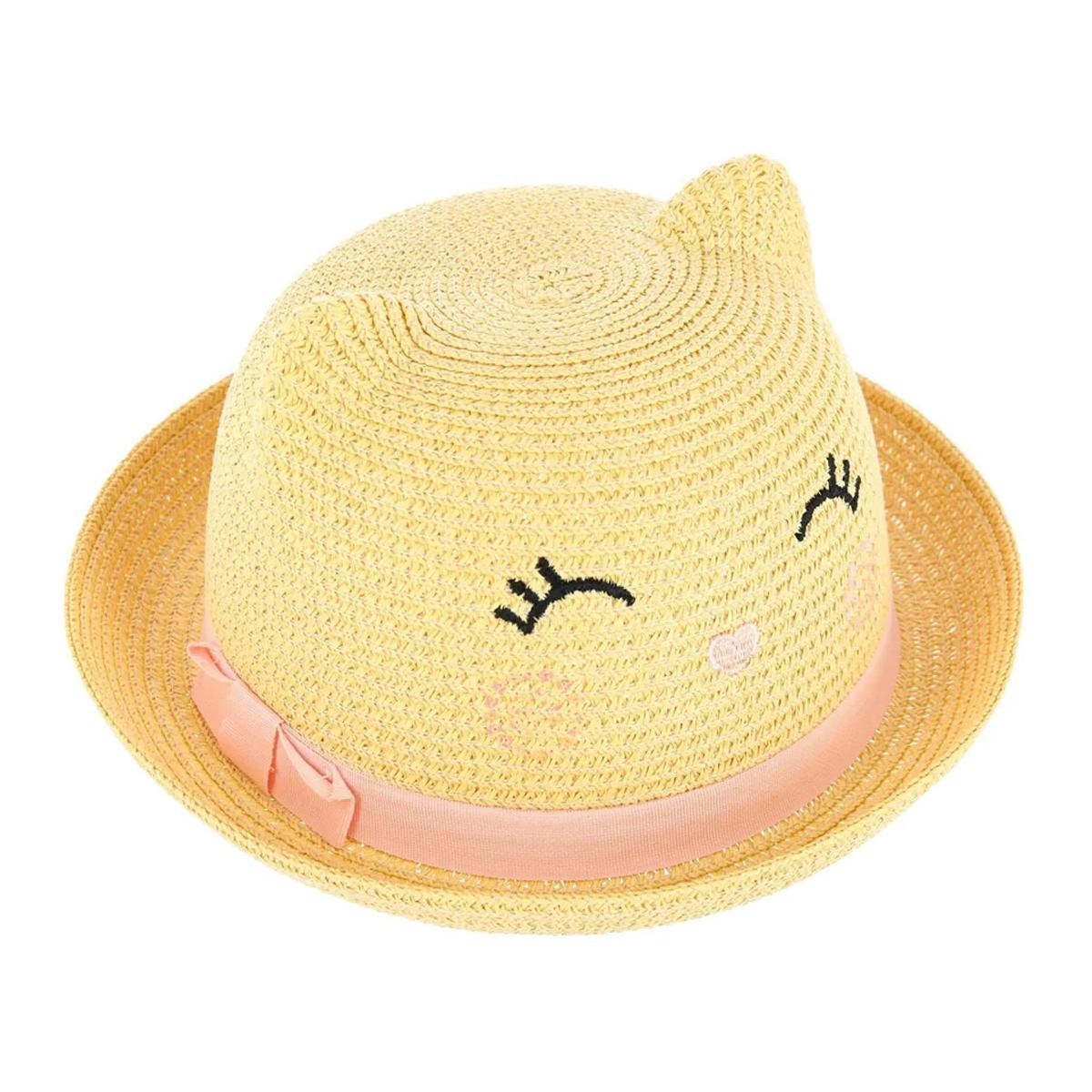 CTM Girl's Smiling Kitty Face Straw Sun Hat