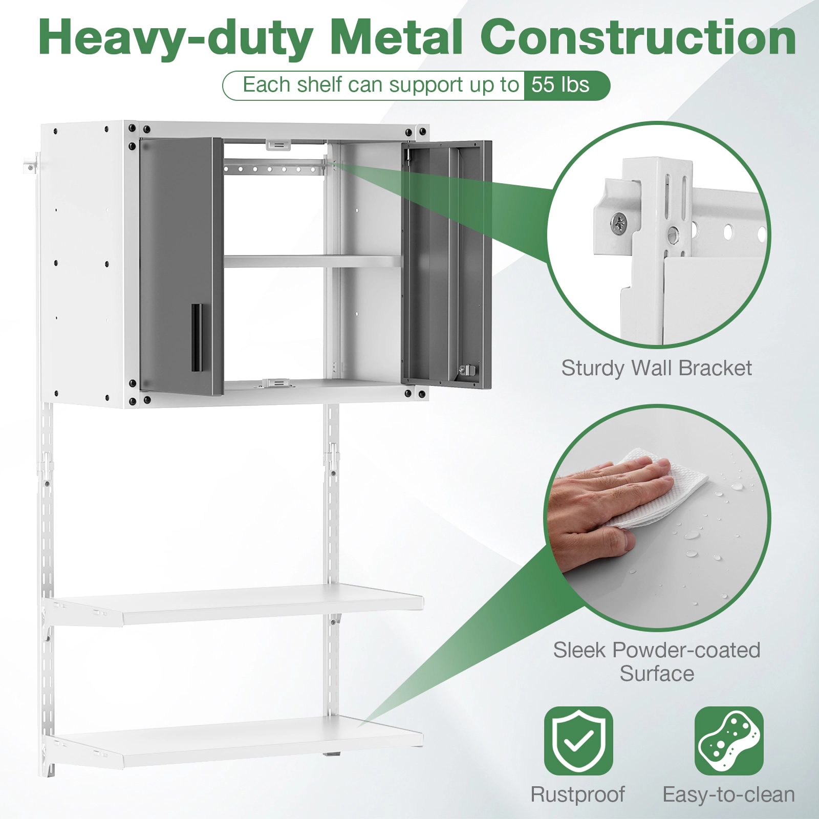 SUGIFT 2 Doors 3 Adjustable Shelves Lockable Metal Wall Cabinet 28.5-in x 14-in x 47-in 55-lb per Shelf Gray/White