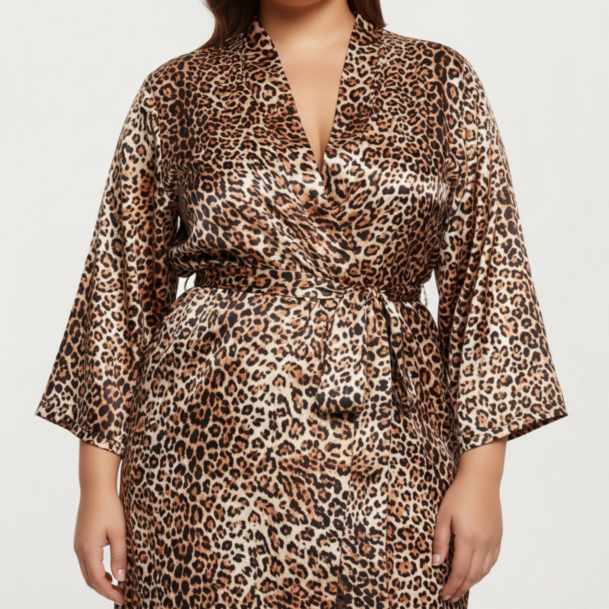 Anna-Kaci Women's Leopard Print Satin Robe Soft Silky Sheen Adjustable Wrap Tie Waist and Flowing Longline Silhouette