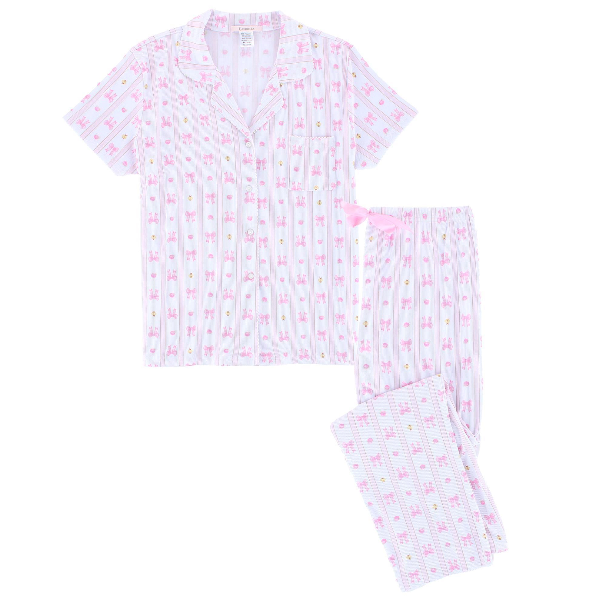 CTM Women's Notched Collar Bow Striped Pajama Set by Gabriella