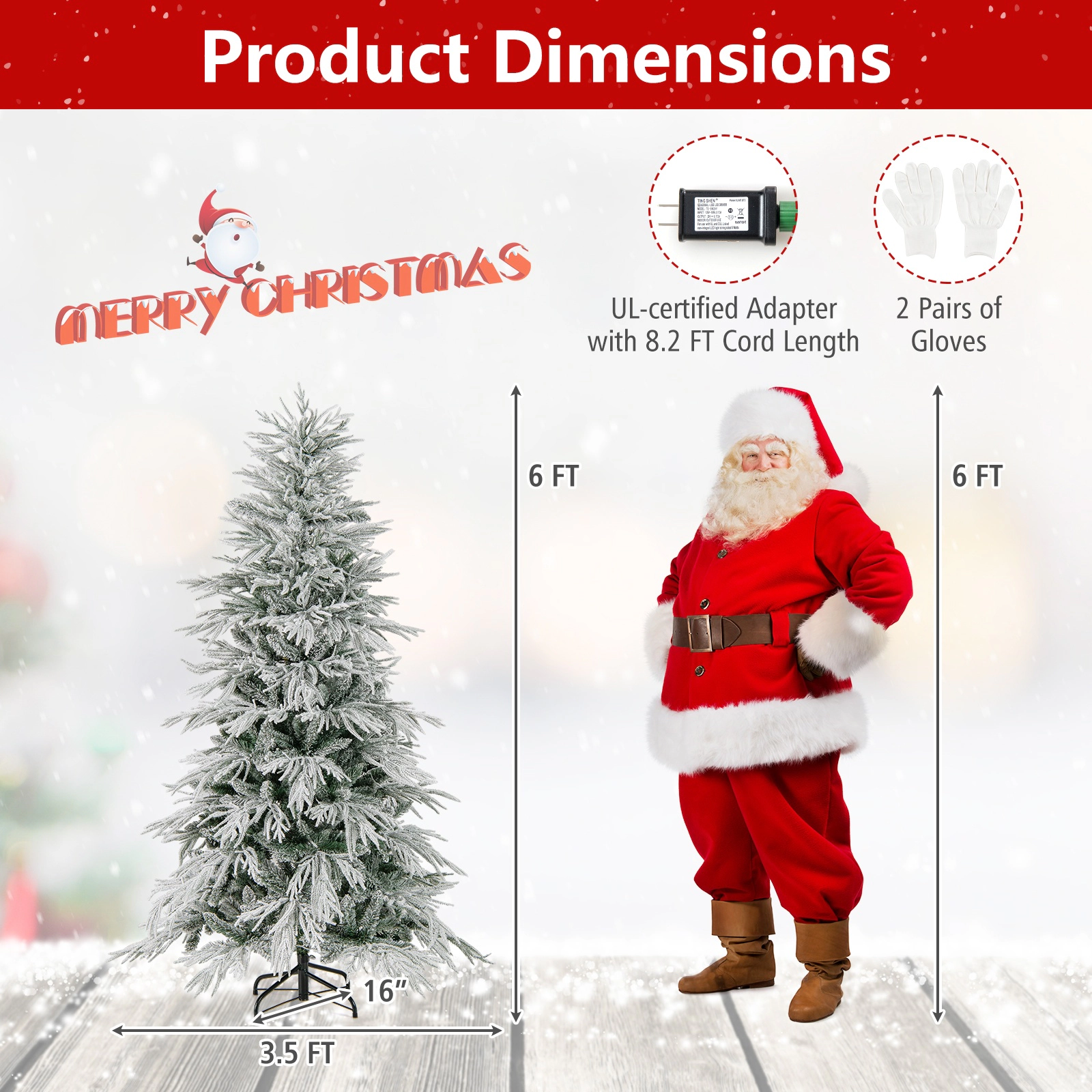 SUGIFT 6-ft Snow Flocked Hinged Pre-Lit Xmas Tree with 594 Branch Tips and 250 LED Lights and Gloves