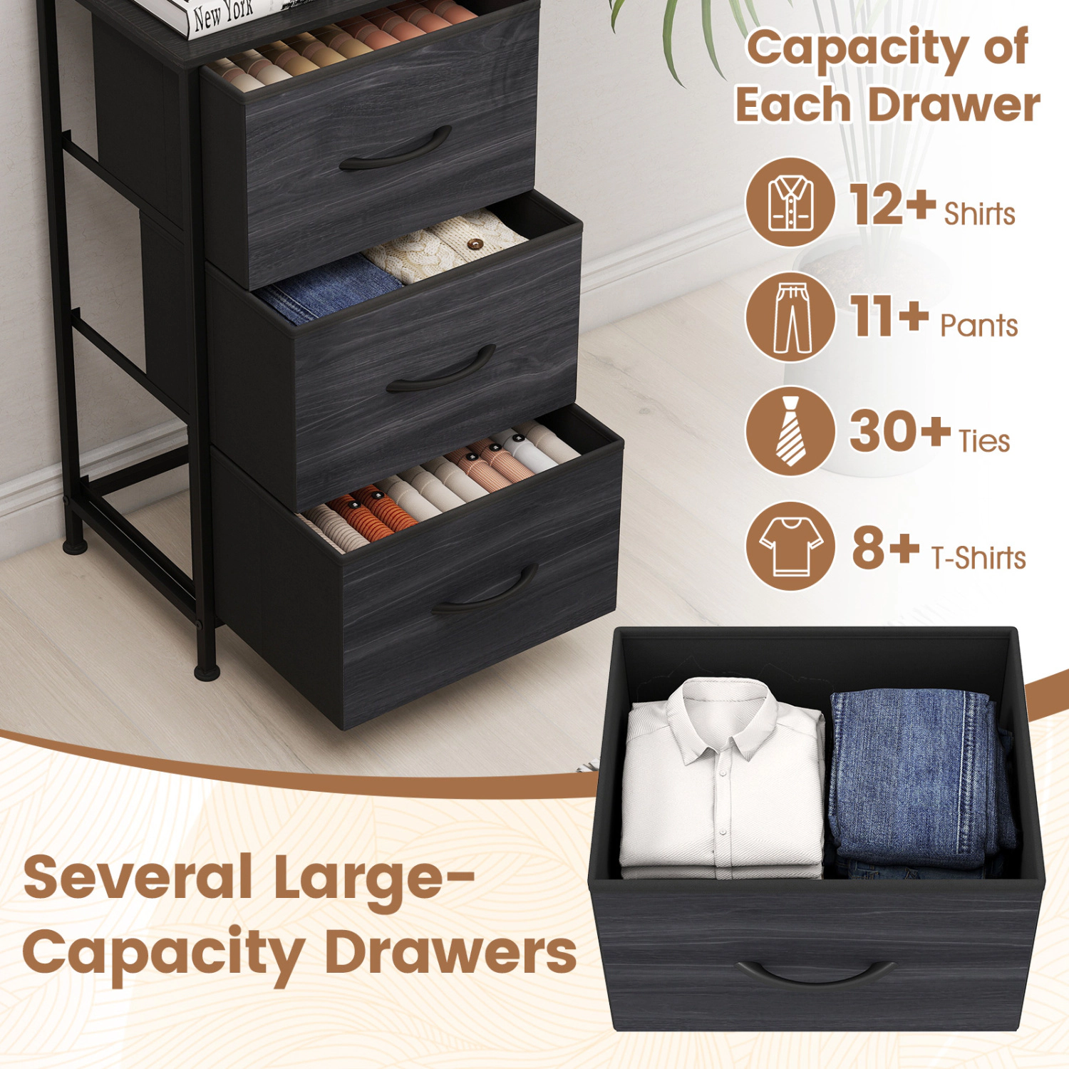 LJG Dresser Nightstand with Roomy Fabric Drawers for Bedroom Storage Cabinet Metal Frame
