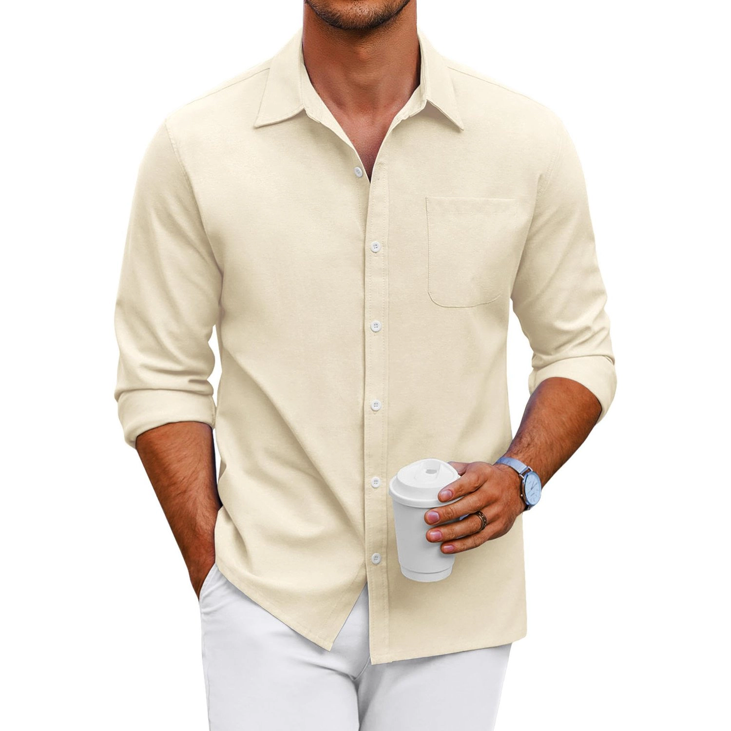 COOFANDY Mens Casual Long Sleeve Button Down Shirts Lapel Collar Pocket Dressy Tops