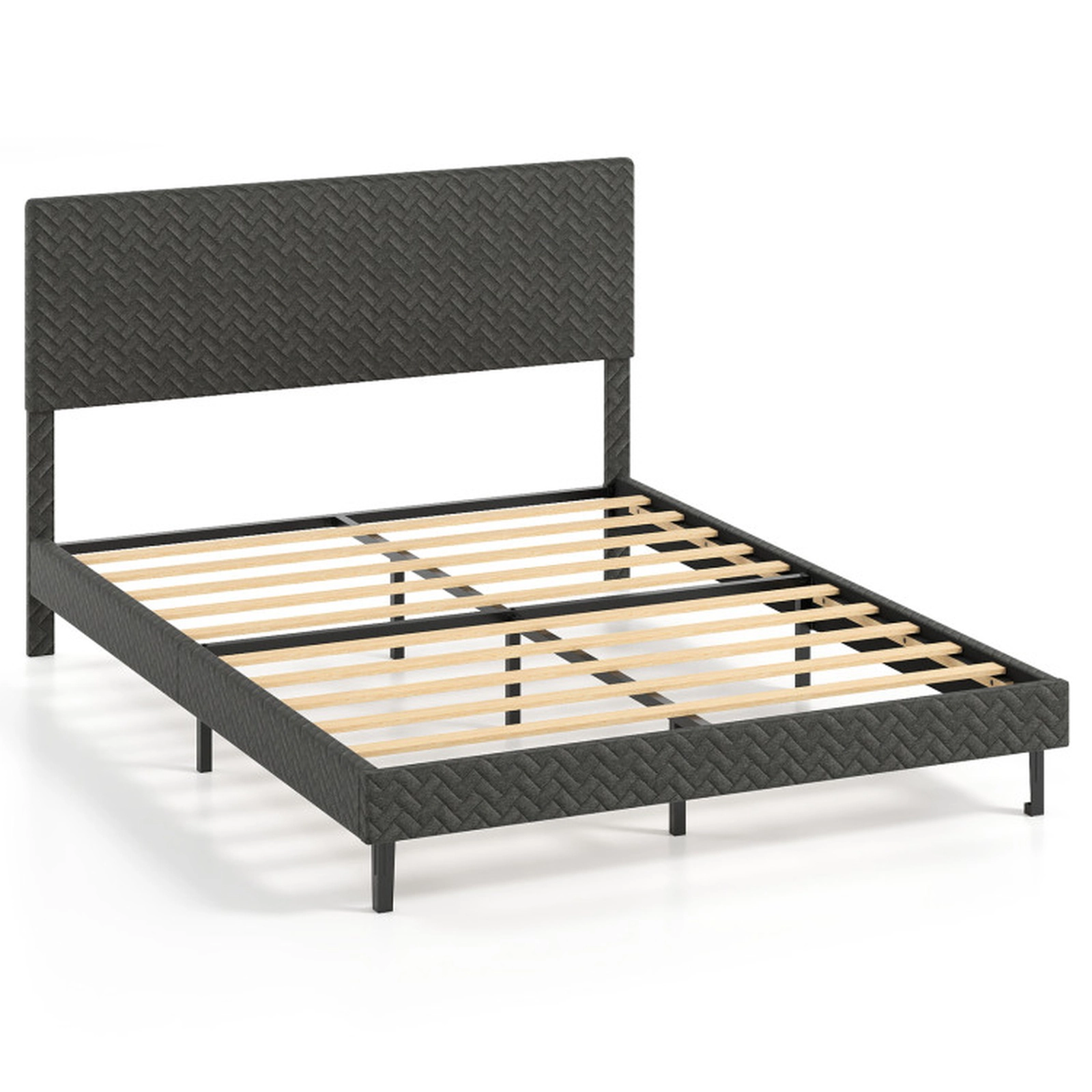 SUGIFT Gray Adjustable Chevron Headboard Queen Size Velvet Upholstered Platform Bed