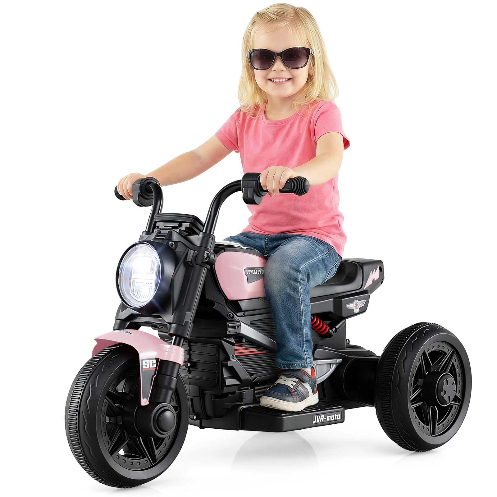 SUGIFT 6V 3-Wheel Electric Ride-On Motorcycle with LED Headlight and Music 66-lb Capacity Ages 3-5 Pink & Black