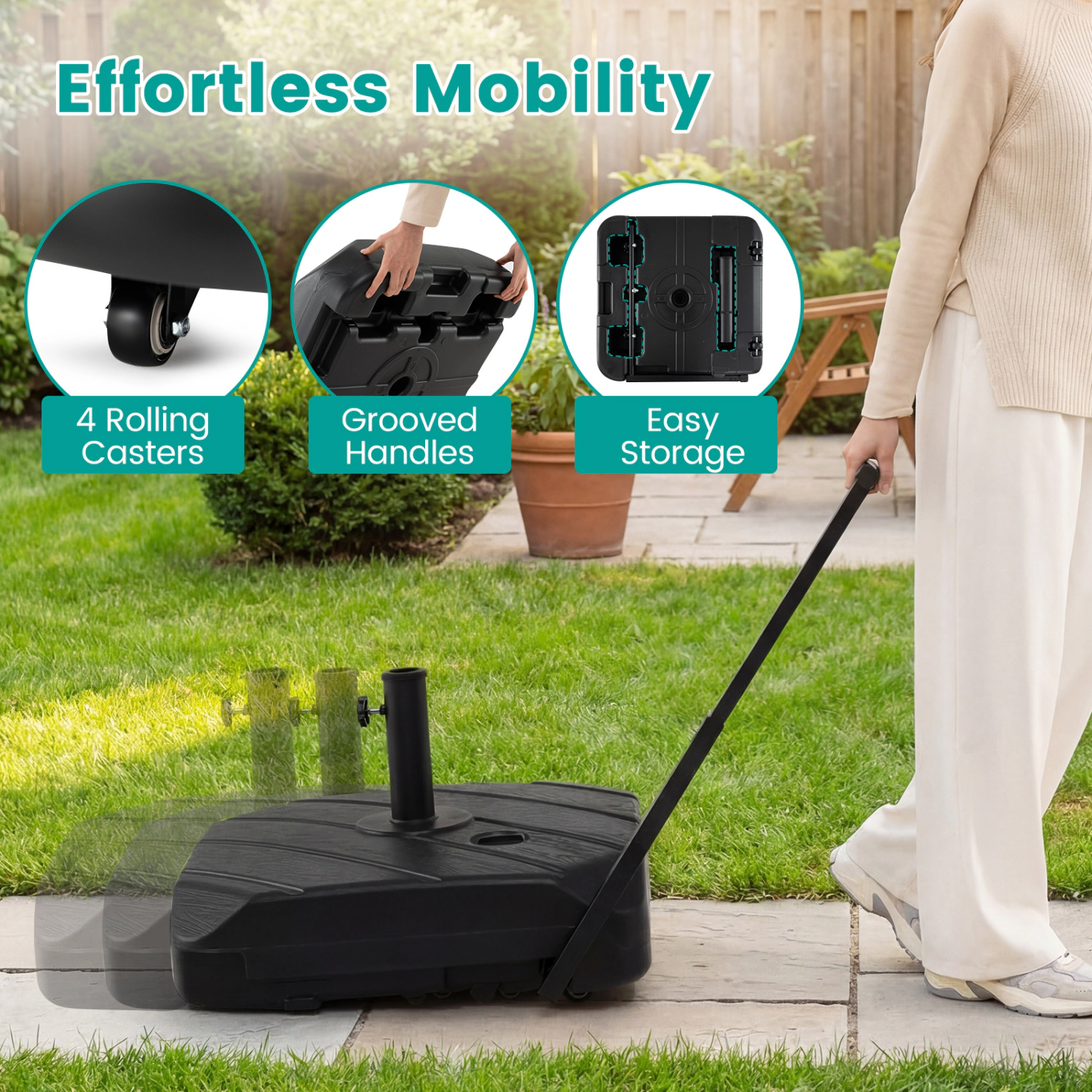 Slickblue Fillable Rolling Patio Umbrella Base with Wheels and Telescopic Pull Handle for Market Umbrellas