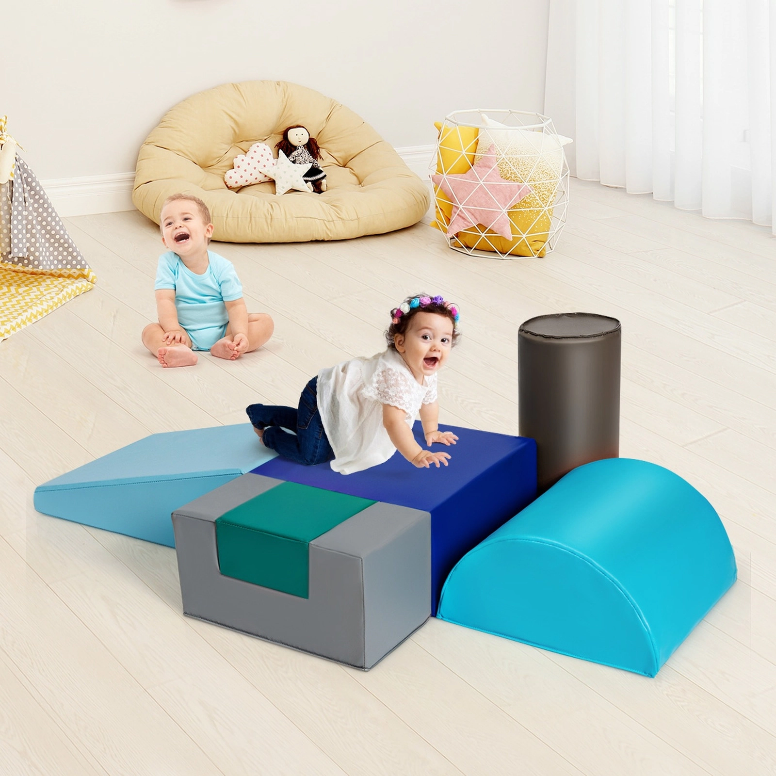 6-Piece Baby Climb Crawl Play Set Soft PU Foam Climbing Blocks Lightweight 7.5-lb Waterproof Covers Light Blue