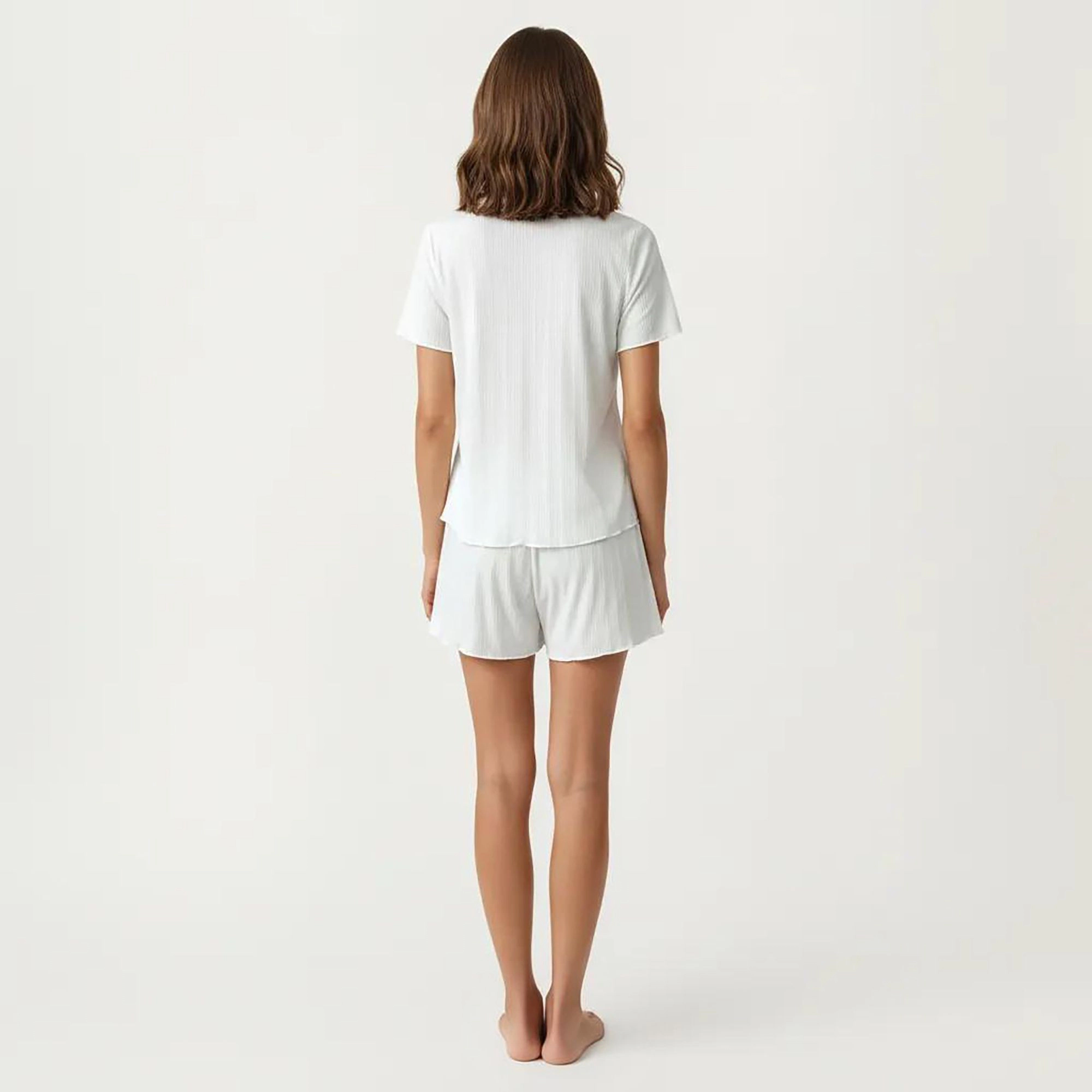 Anna-Kaci Women's 2-Piece Button Front Pajama Top with Round Neck and Relaxed Fit Shorts Textured Sleepwear Set
