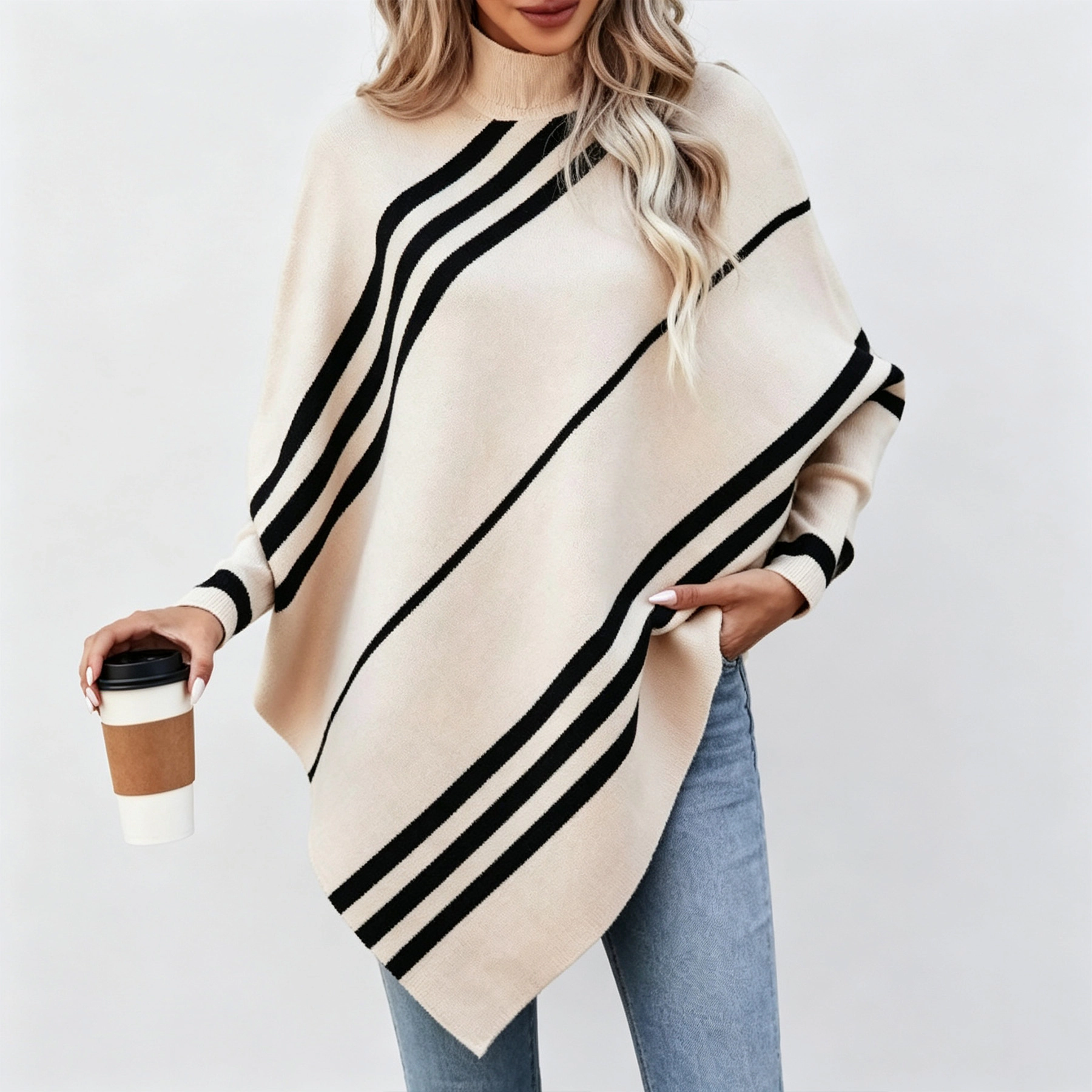 YesFashion Women's Turtleneck Poncho Sweaters Cable Knit Casual Pullover Sweater