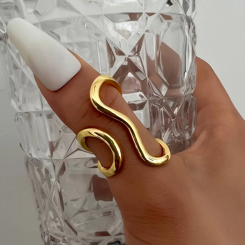 Double Band Wave Open Ring Minimalist Smooth Curved Adjustable Stacking for Women