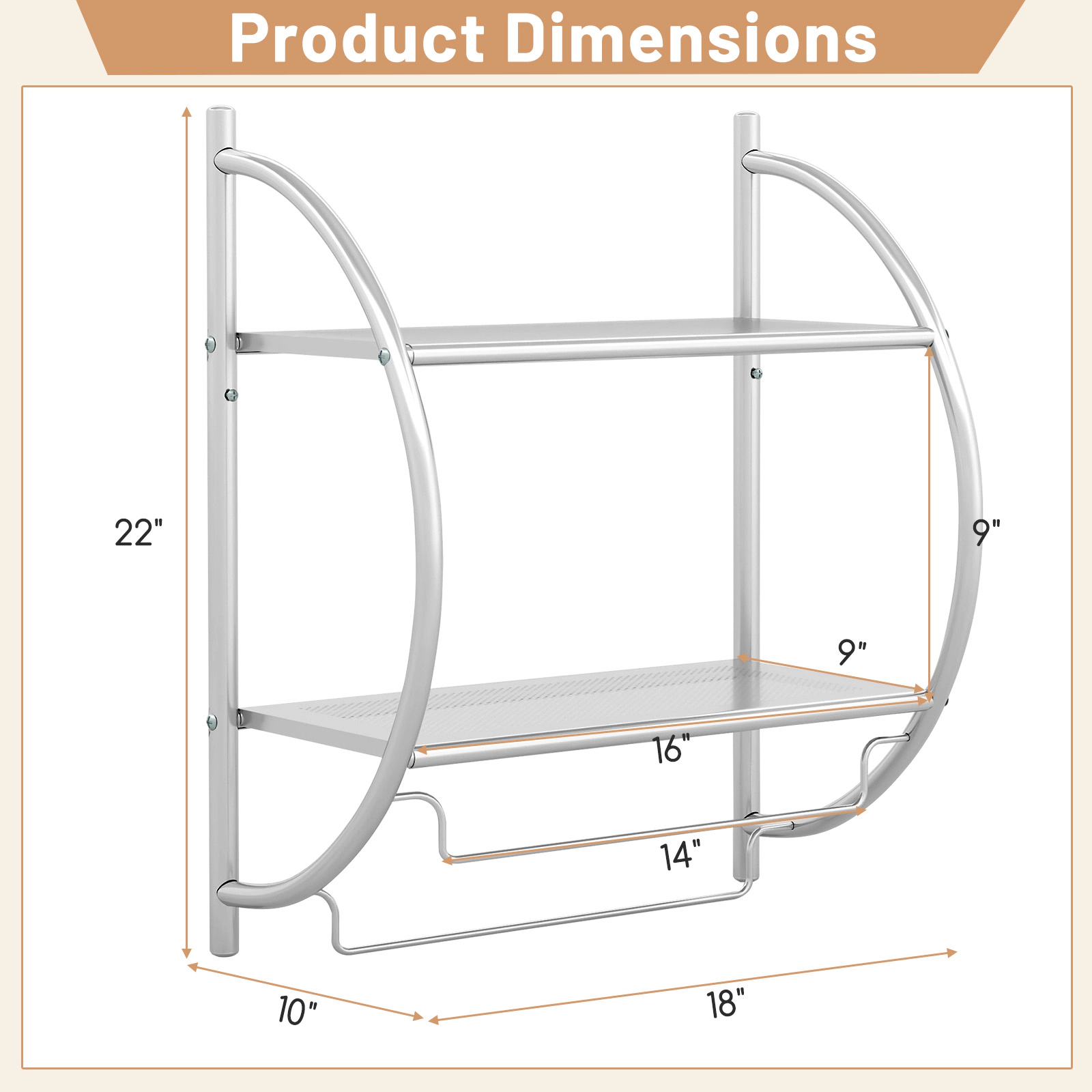 SUGIFT Wall Mounted 2-Tier Bathroom Towel Rack 2 Mesh Shelves 2 Towel Bars Rustproof Metal 18 x 10 x 22-in Silver