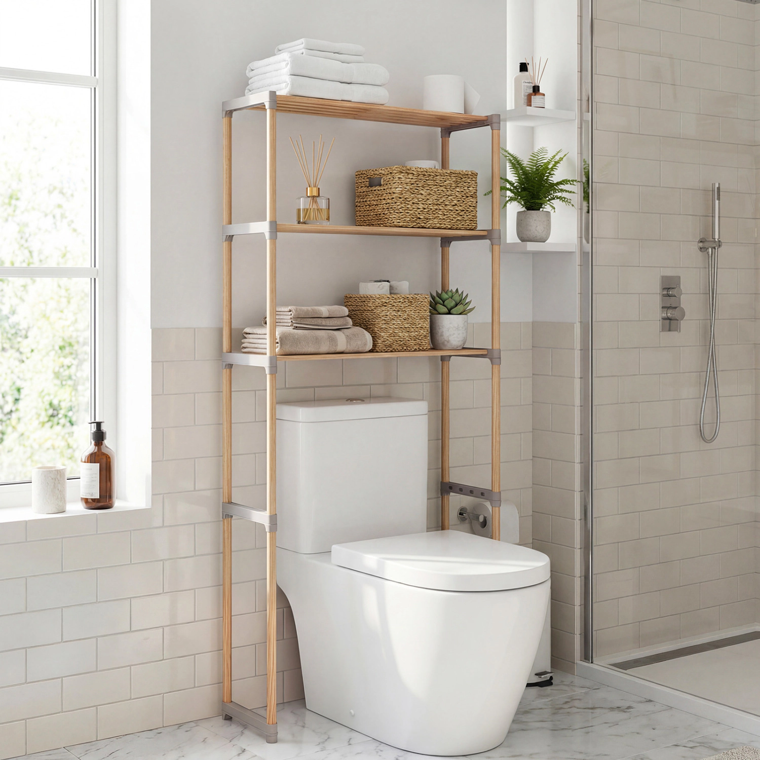 Slickblue Over Toilet Bathroom Shelf 3-Tier 58.5in Pine Wood Grey Storage Rack Laundry