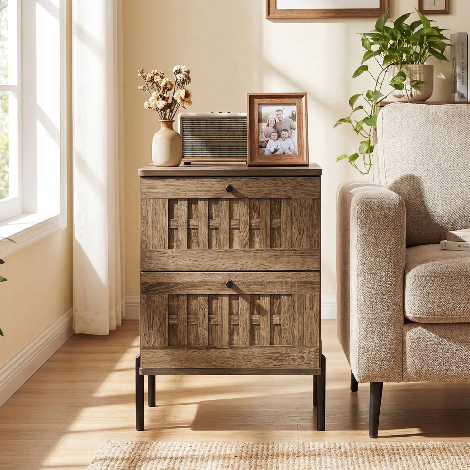 SlickBlue 2 Drawer Nightstand with Woven Front and Metal Legs
