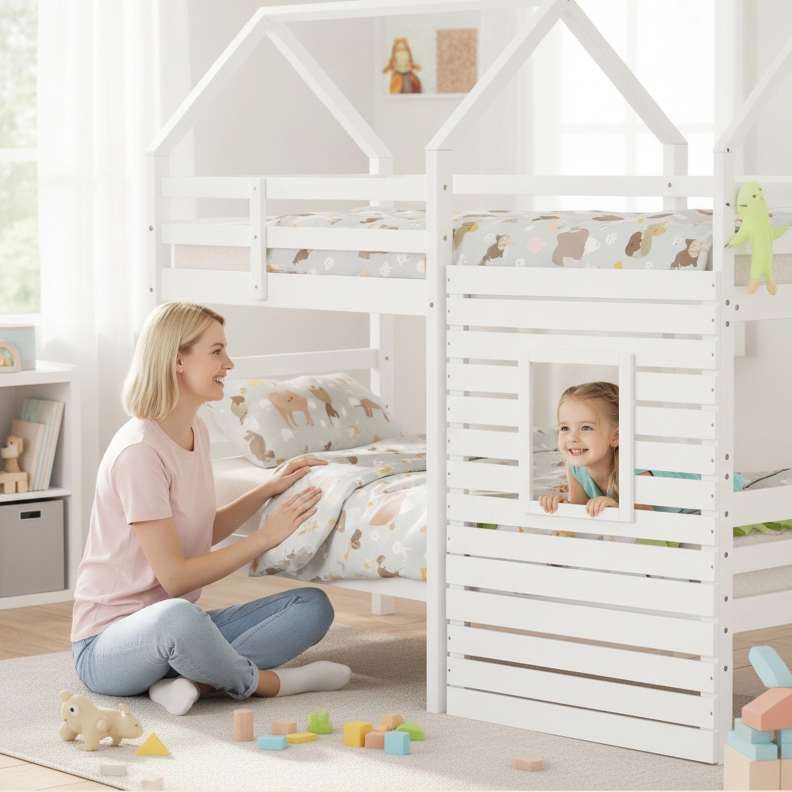 SUGIFT Twin-Over-Twin House Bunk Bed, Solid Pine Wood, Roof, Front Window, White