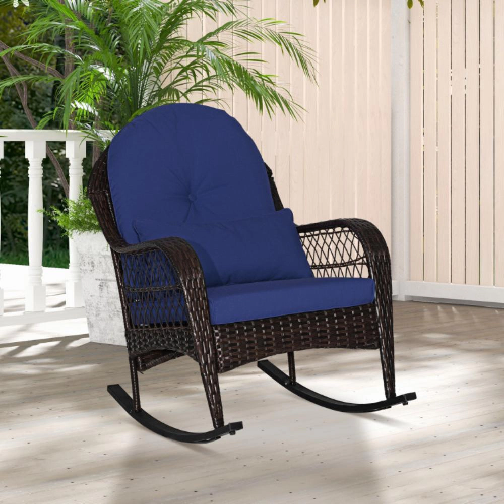 Hivvago Patio Rattan Rocking Chair With Seat Back Cushions And Waist Pillow