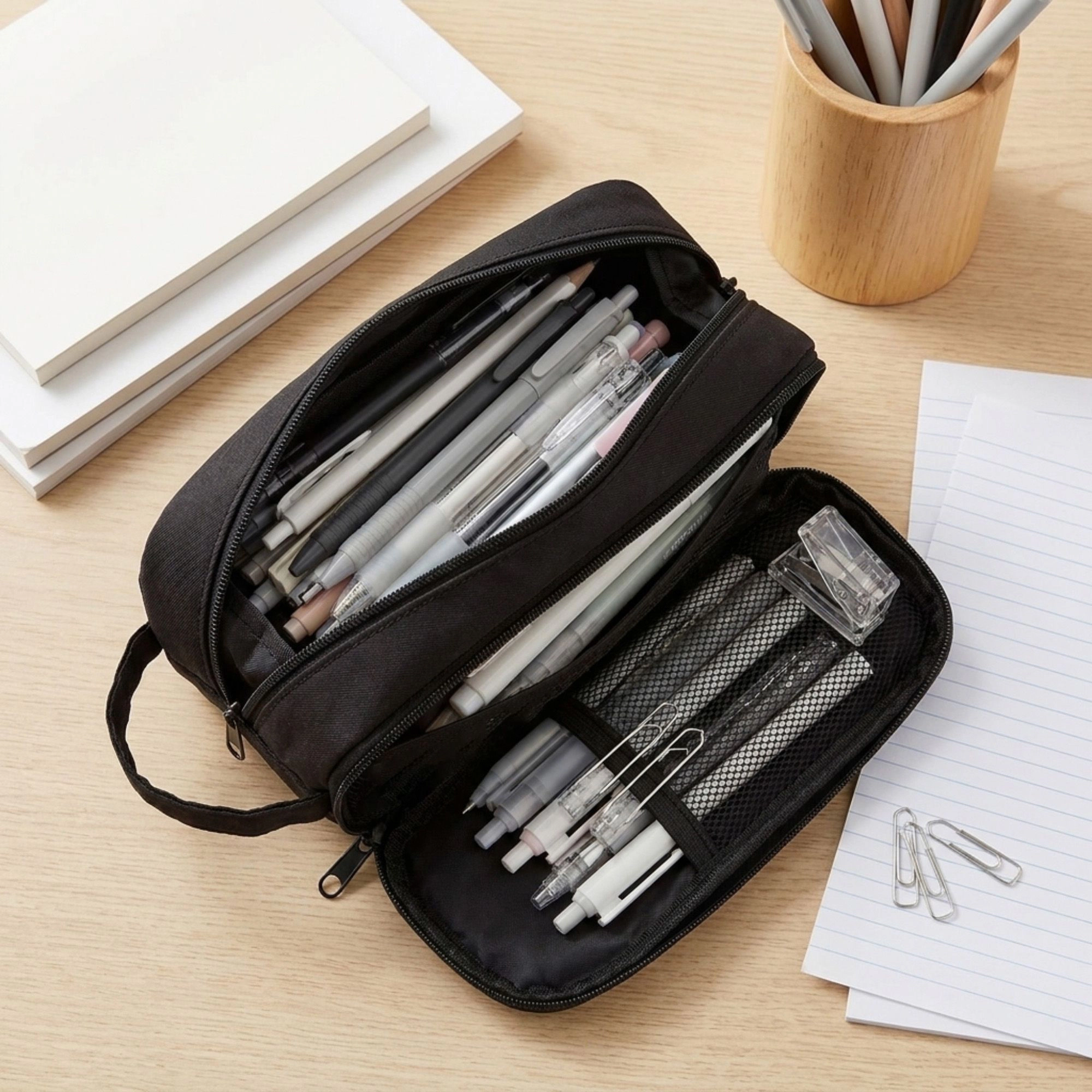 Alilang Unisex Large Capacity Pencil Case Double Layer Zipper Pouch with Handle