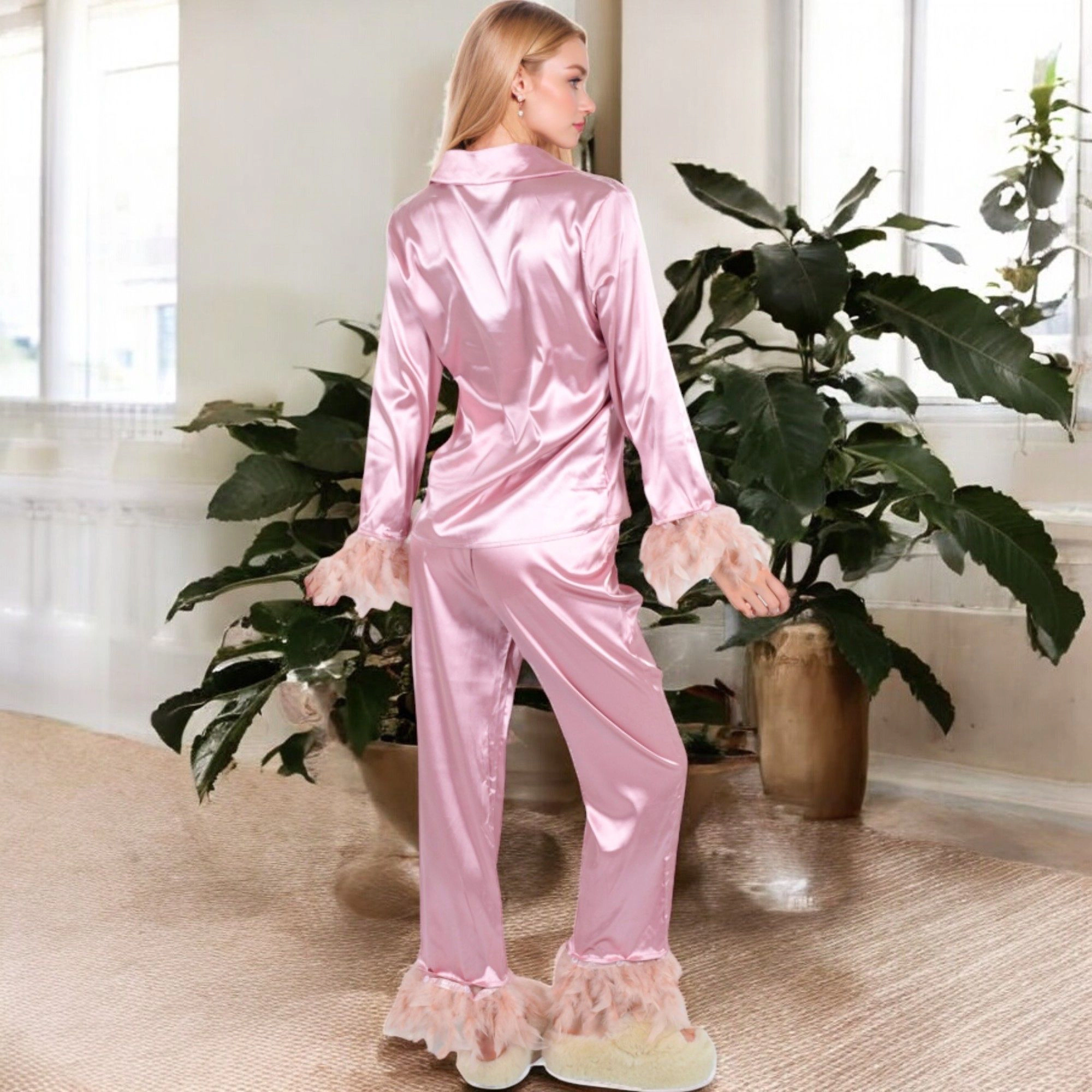 Anna-Kaci Women's Satin Long Sleeve Feather Detail 2-Piece