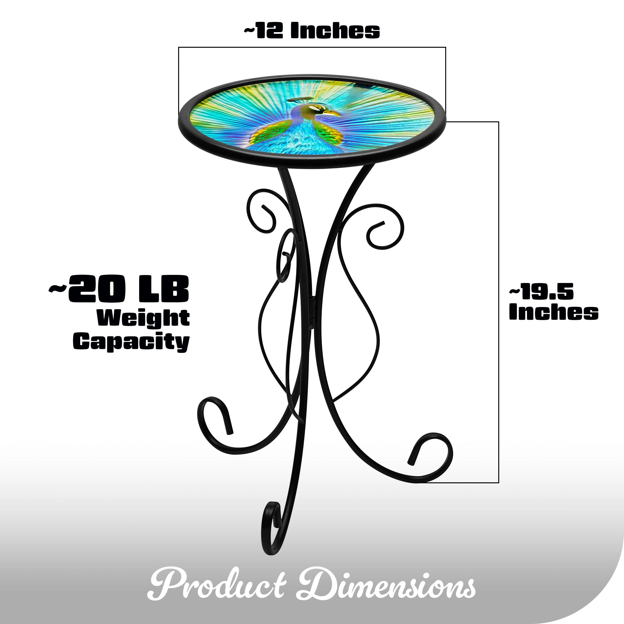 G128 12 in Round Peacock Glass Outdoor Side Table - Foldable Metal Patio Plant Stand