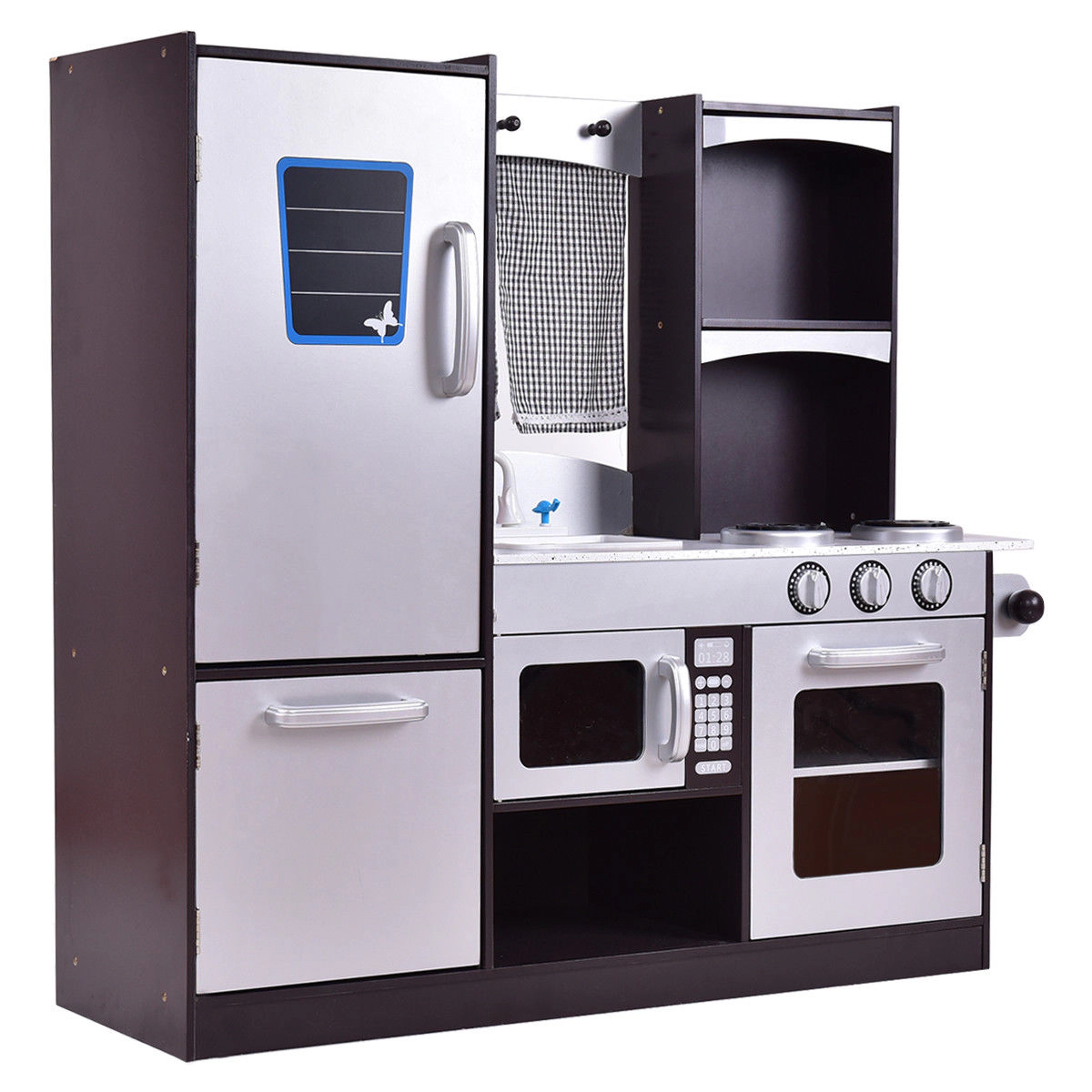 SUGIFT Kids Wooden Modern Kitchen Cooking Pretend Play Set Pine Wood and MDF 38.2-in Long Ages 3+ Coffee and Silver