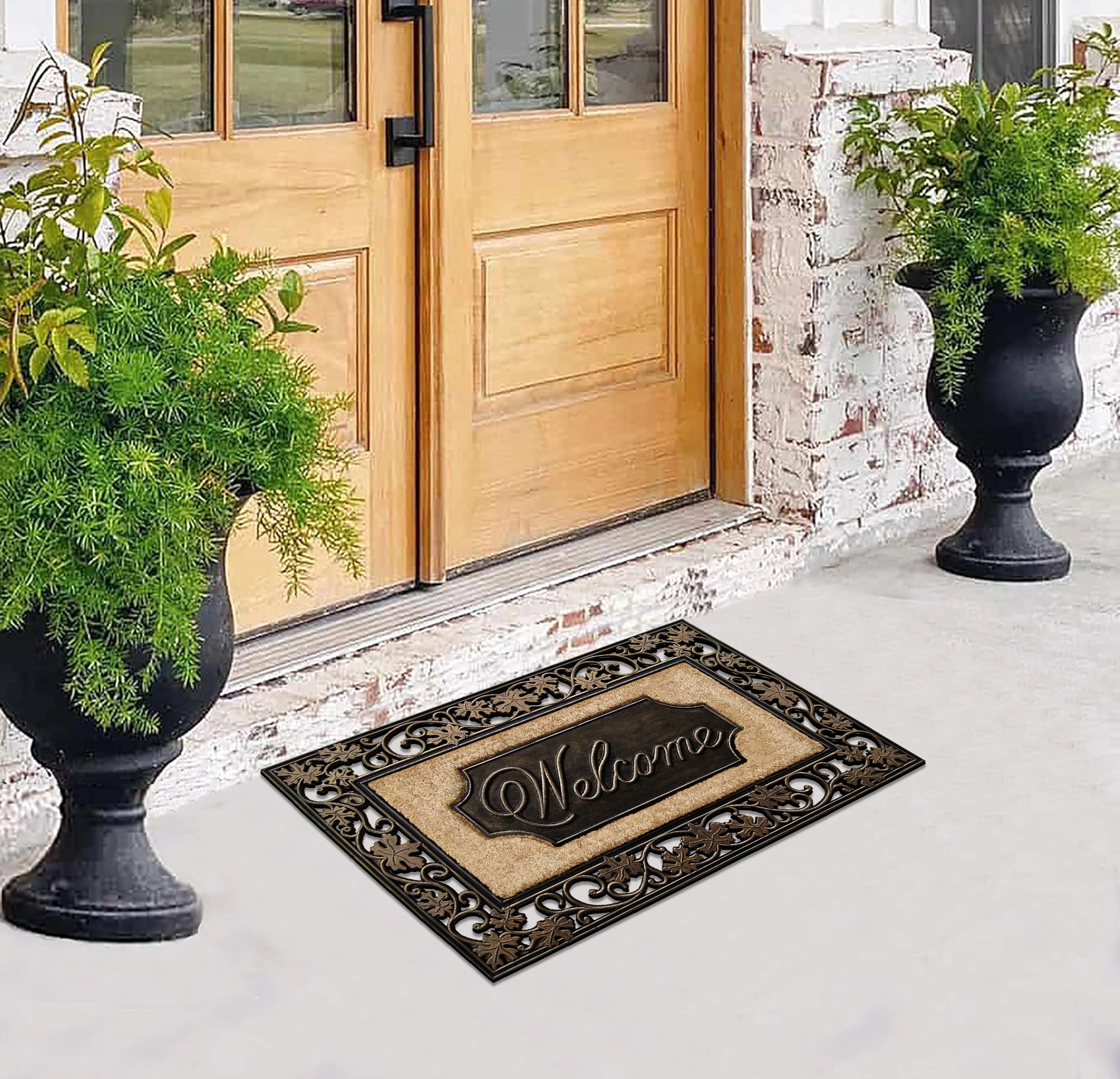 A1HC Coir and Rubber Door Mat 18x30 Inches Heavy Duty Durable Low-Profile Floral Welcome