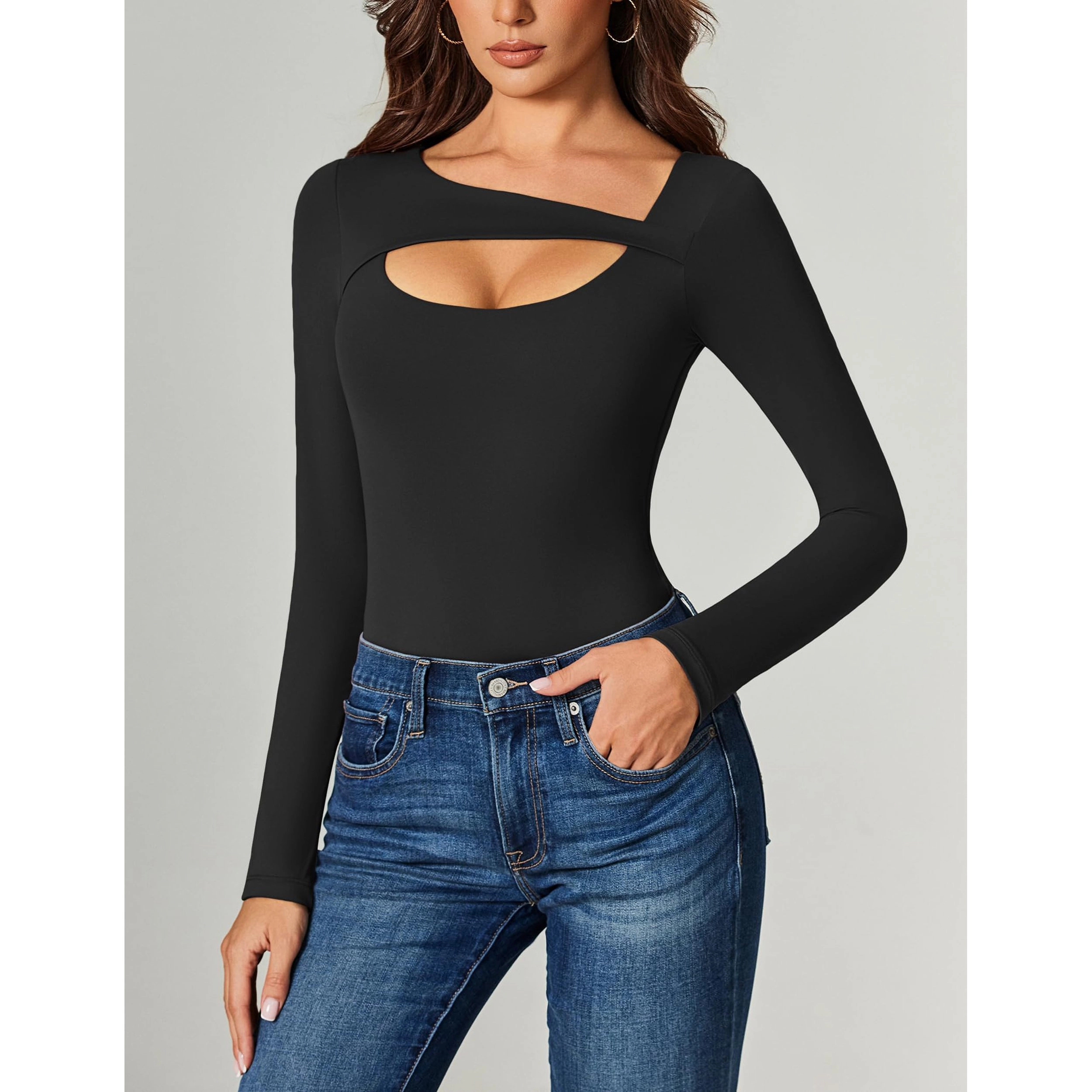 Avidlove Women's Scoop Neck Cutout Long Sleeve Double Lined Thong Bodysuit with Dual Snap Closure