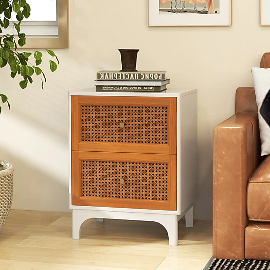 SUGIFT Boho Accent Table Nightstand with Rattan Drawers 23.5-in Tall White + Brown