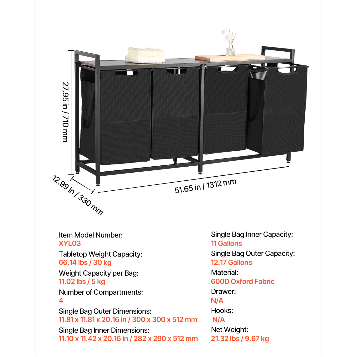 HONGGE 4-Section Laundry Sorter Hamper with Wood Tabletop, Metal Frame & Pull-Out 600D Oxford Fabric Bags