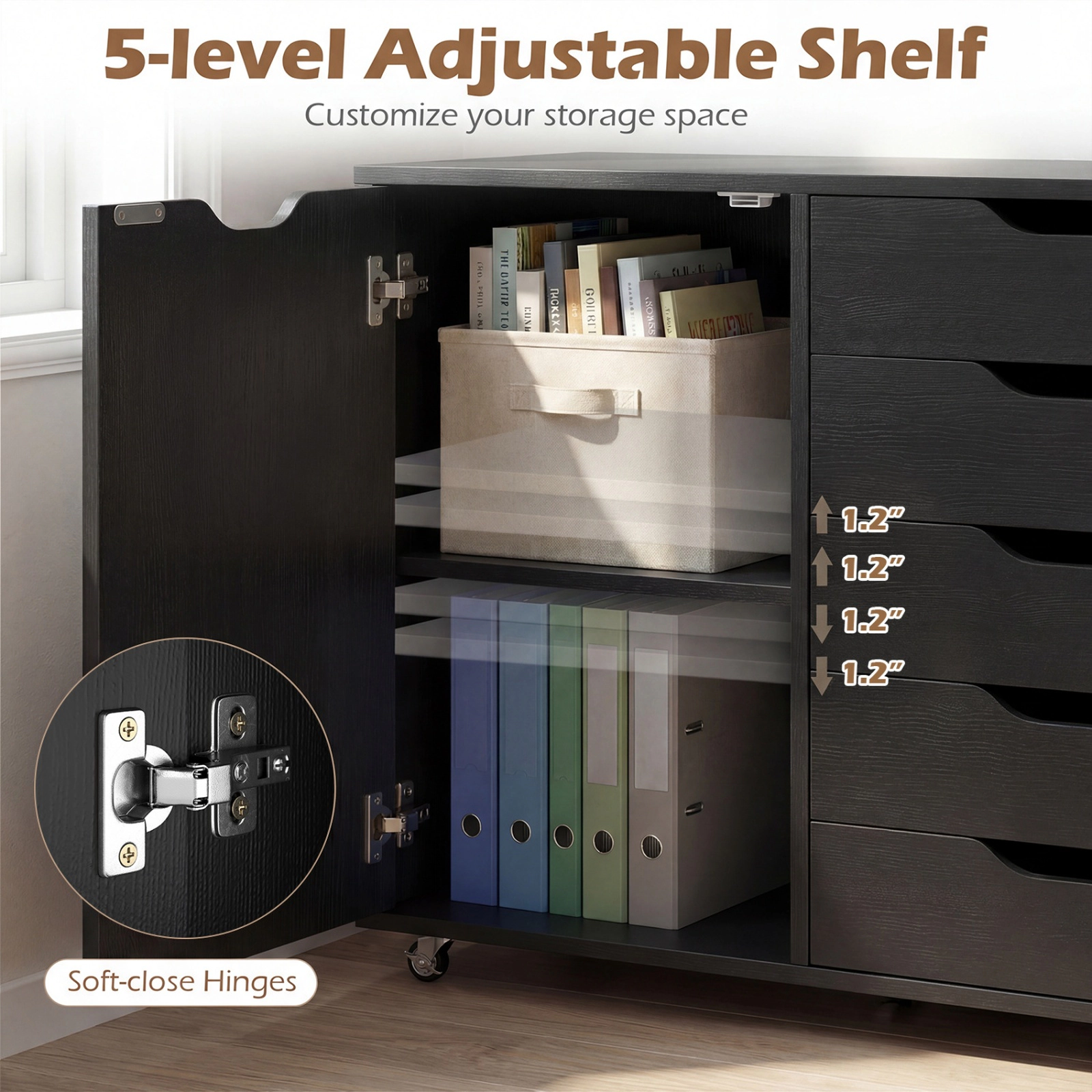 SUGIFT Black 5-Drawer Rolling Printer Stand with Side Storage Cabinet Under Desk Mobile File Cart