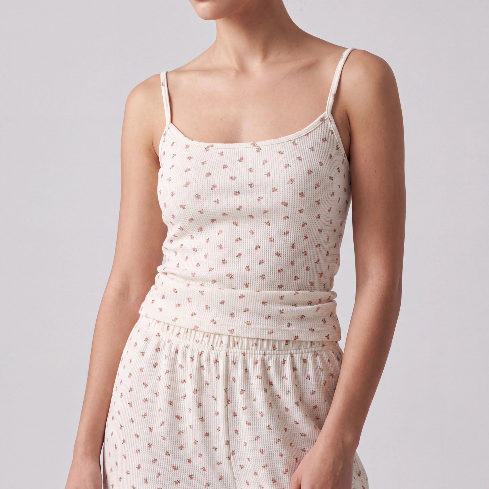 Anna-Kaci Women's 2-Piece Waffle Knit Ditsy Floral Camisole with Adjustable Straps and Relaxed Wide Leg Lounge Pants