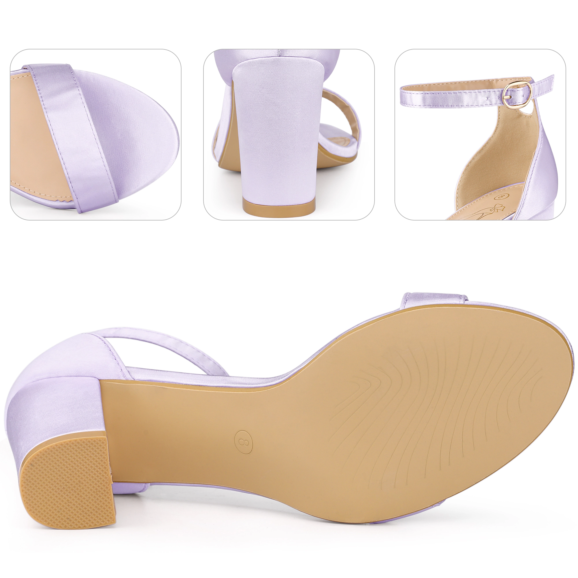 BLISSFUL STEP Women's Open Toe High Heel Ankle Strap Satin Block Heels Sandals