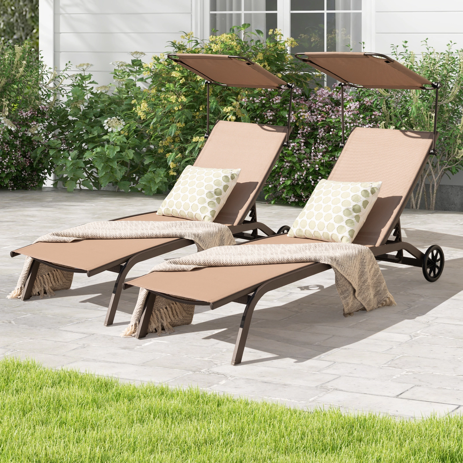 SUGIFT 6-Position Heavy-Duty Adjustable Patio Chaise Lounge Chair with Canopy Cup Holder & Wheels 330-lb Capacity Brown