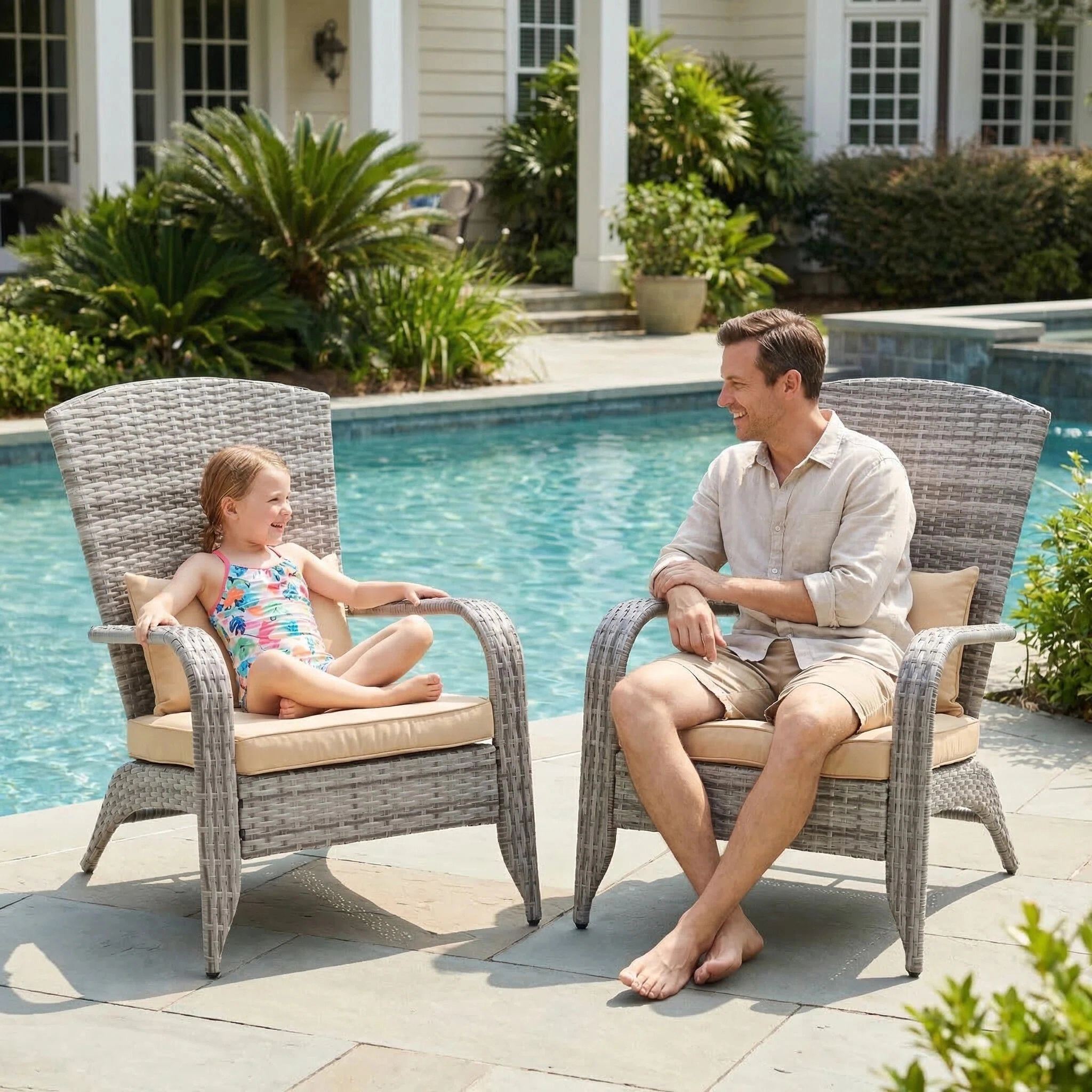 Unikome Outdoor Patio Rattan Frog Chair, Wide Seat Folding Lounge Chair with Padded Cushion
