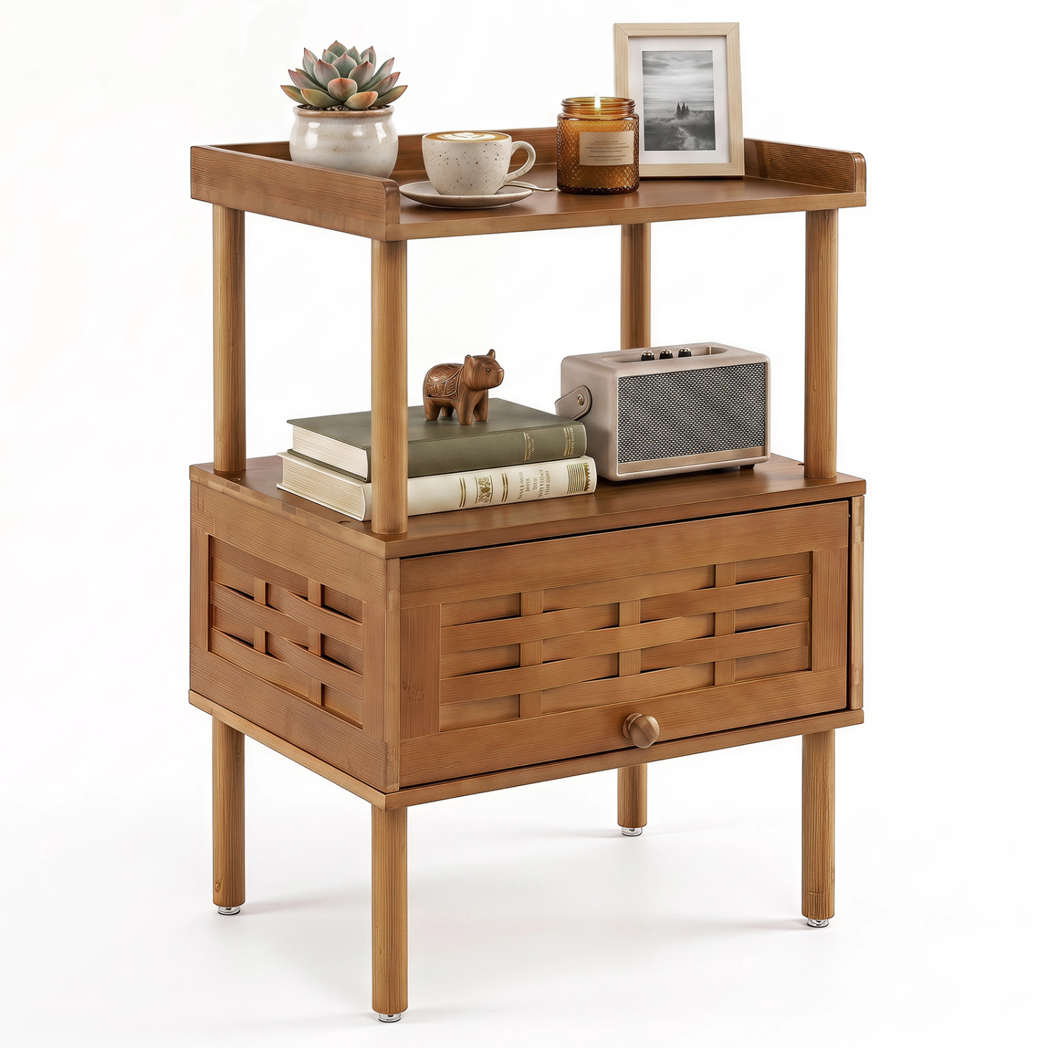 Glintex Bamboo Nightstand with Flip-Up Door Magnetic Catch and Raised Edges, Walnut