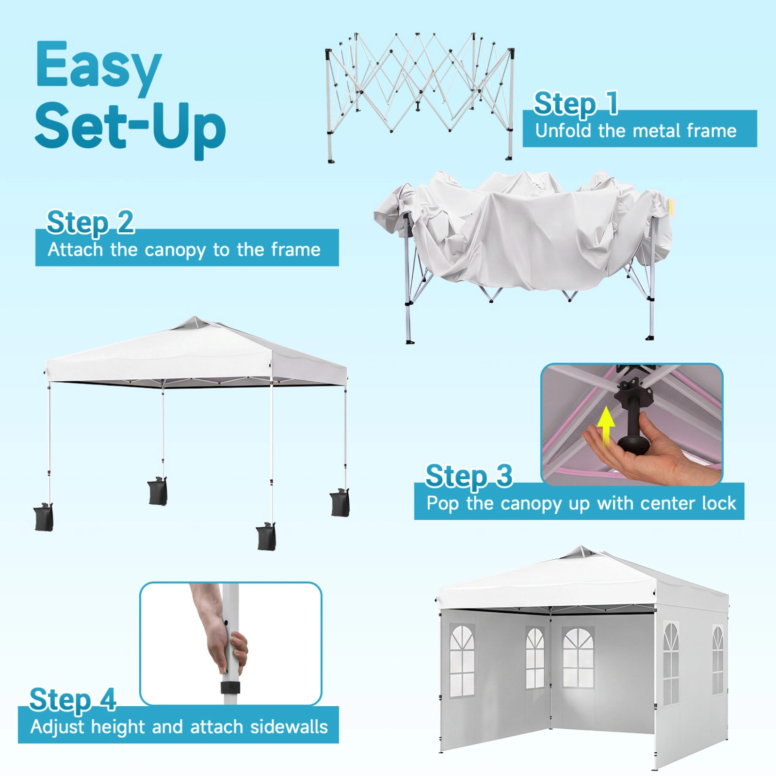 SUGIFT White Reflective Pop Up Canopy Tent with 4 Zip On Sidewalls and 9 Ground Stakes 10-ft W 10-ft D 8.5-ft H