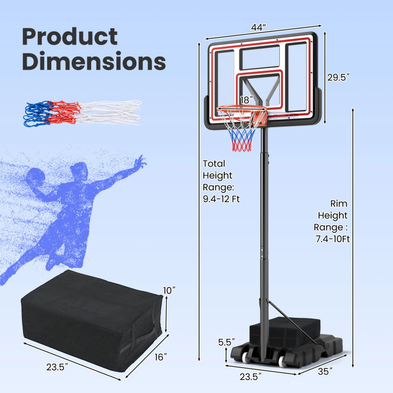 SUGIFT 7.4-ft to 10-ft Crank Adjustable Portable Basketball Hoop with 44-in PC Backboard and Net