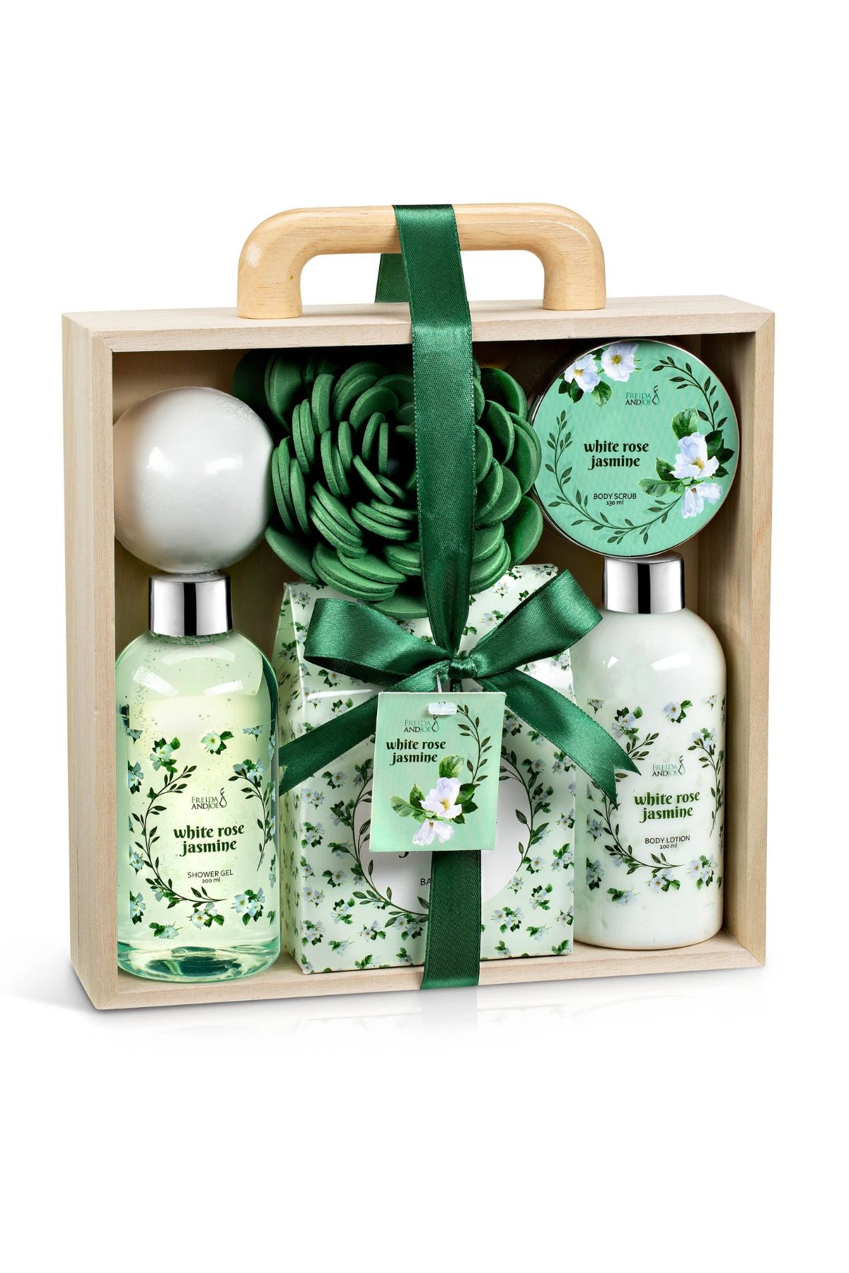 Freida and Joe Women White Rose & Jasmine Spa Set Elegant Wood Curio