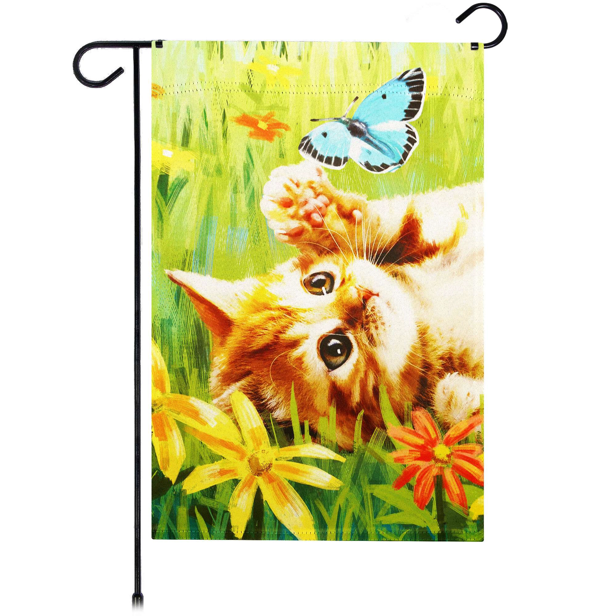 G128 12x18 Inch Kitten Butterfly Flowers Double-Sided Garden Flag, Spring Outdoor Lawn Decoration