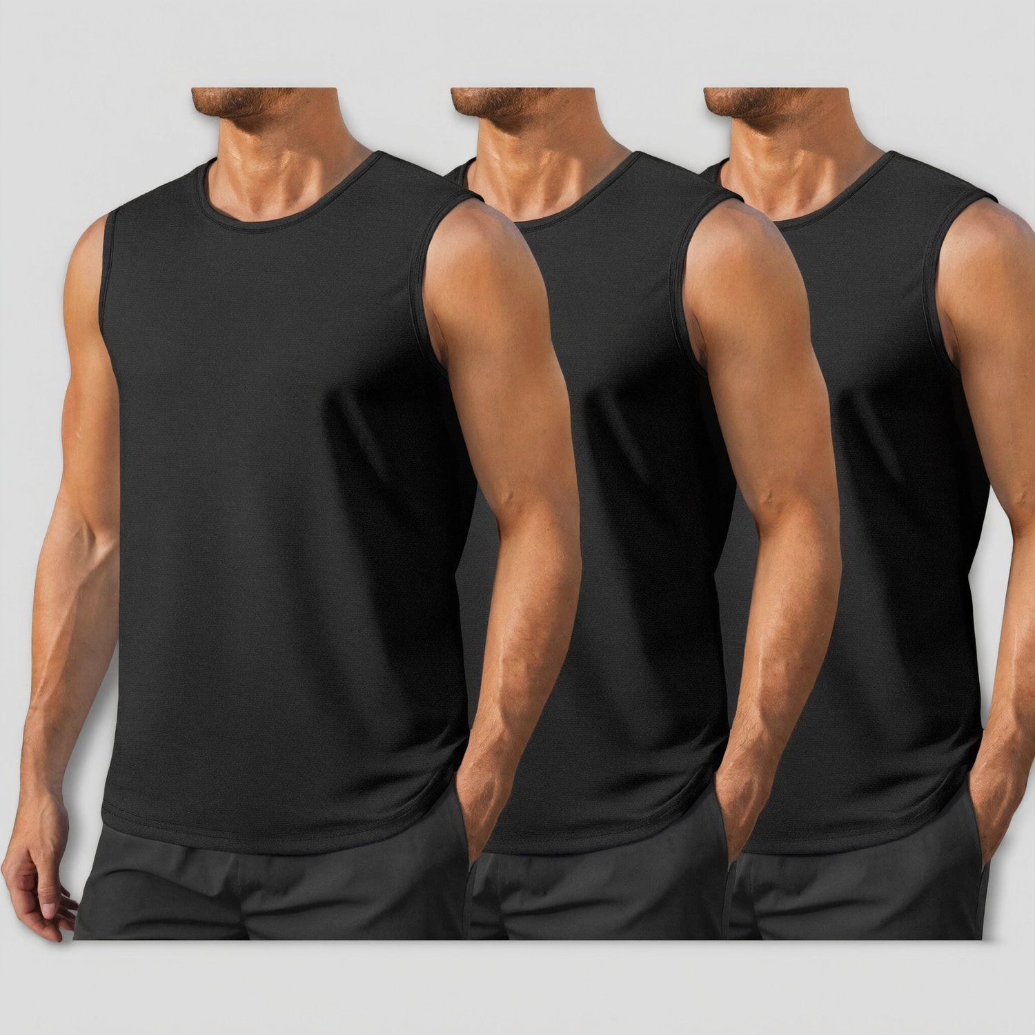 Pinspark Mens 3 Pack Solid Black Tank Tops Sleeveless Crew Neck Workout Muscle Tees