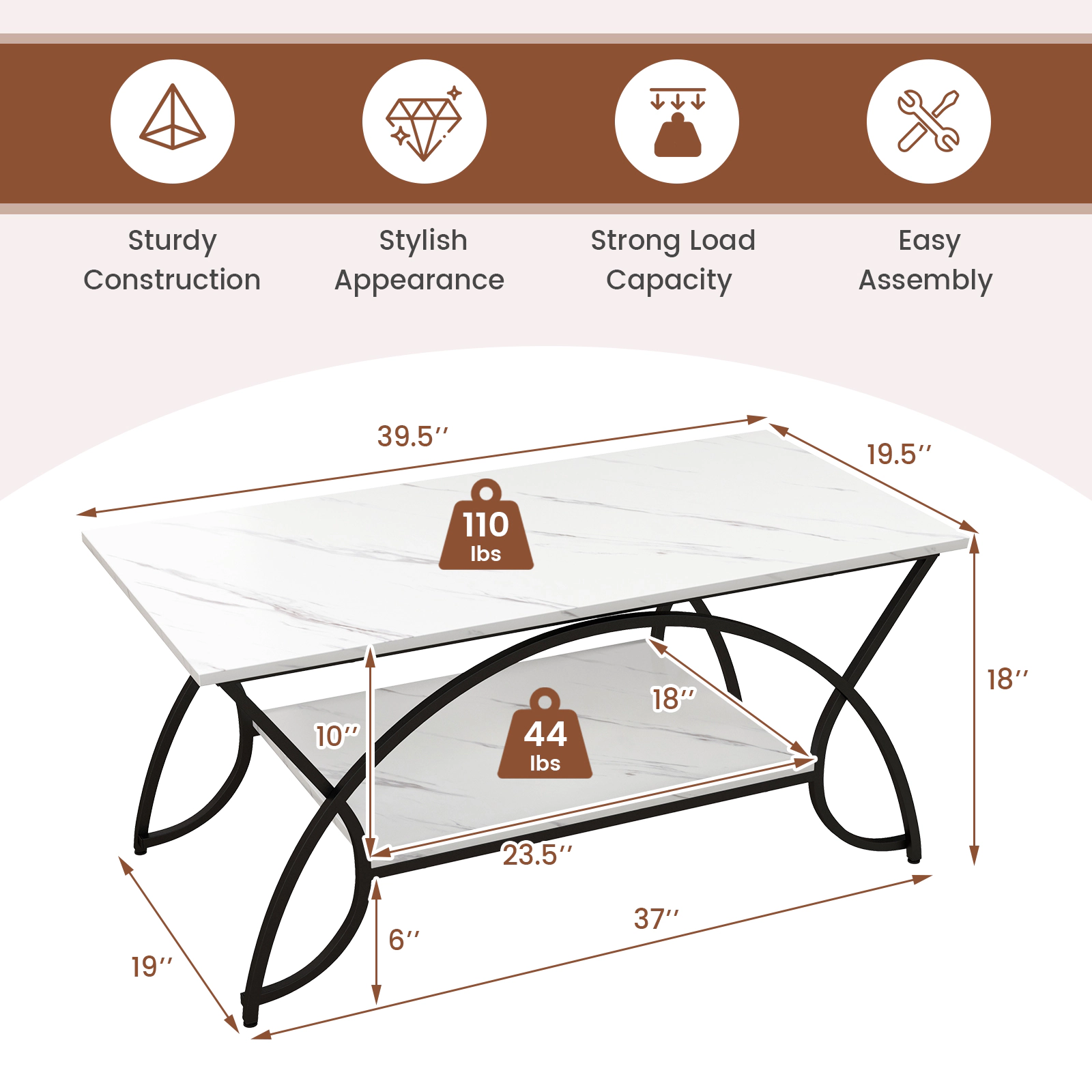 Glintex 2-Tier 39.5-Inch Faux Marble Coffee Table with Arched Metal Frame