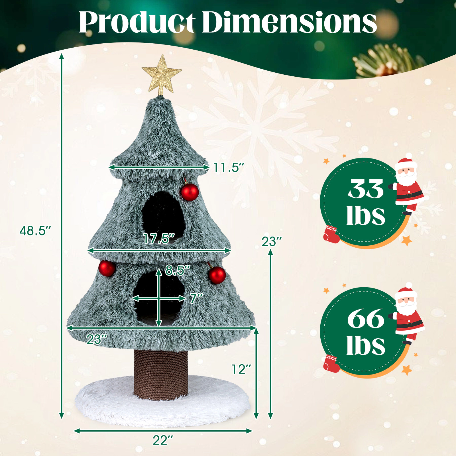 SUGIFT Frost-Kissed Christmas Cat Tree Tower with 2 Large Condos and Scratching Post 48.43-in Tall Green White Brown