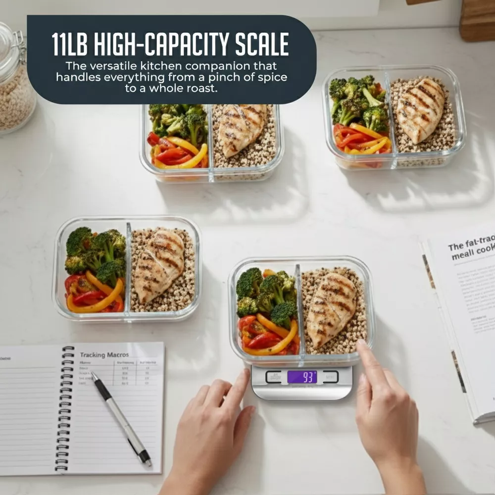 Luminuxe Digital Food Scale – 11 LB Capacity, Tare Function, Stainless Steel, LCD Display, 2 AAA Batteries Included