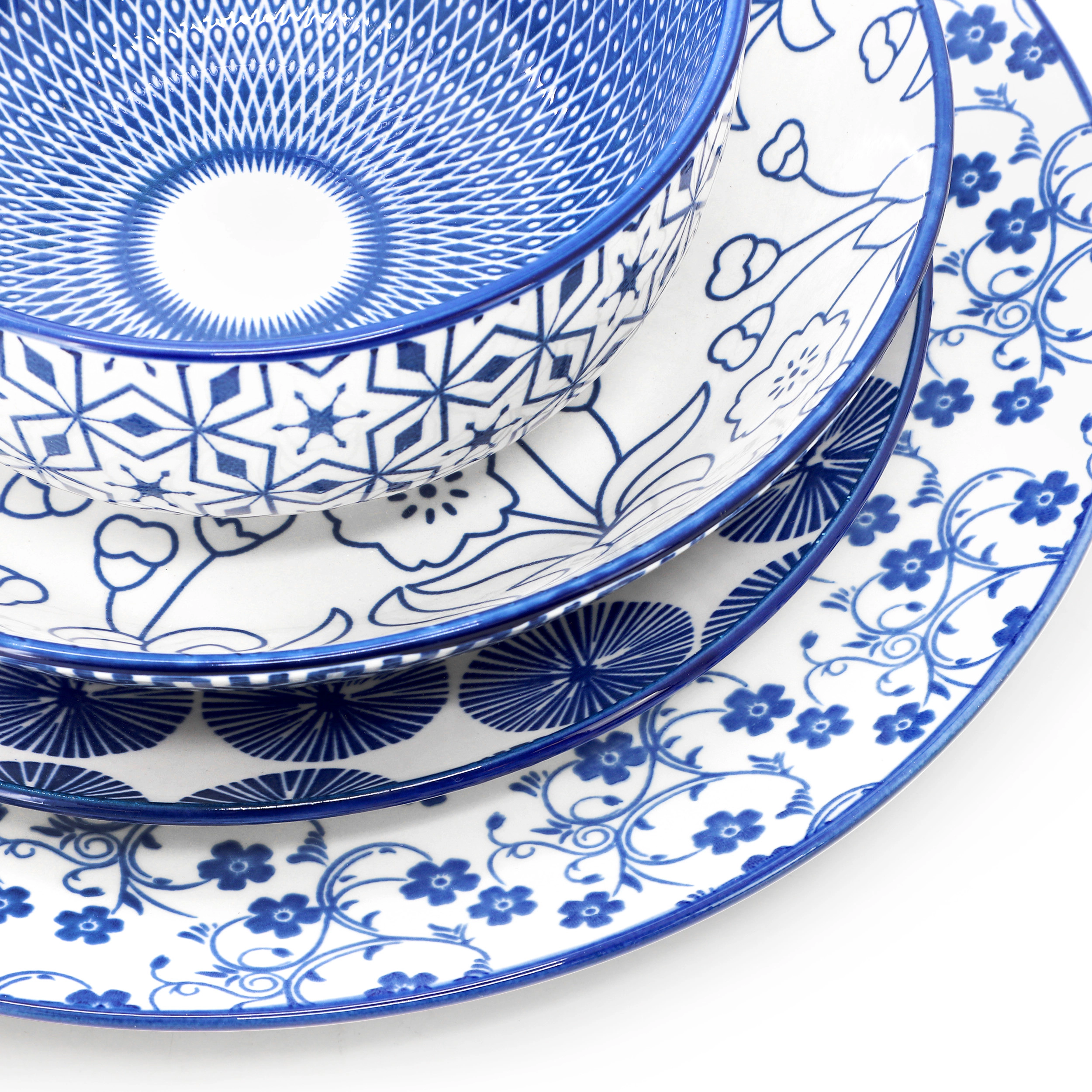 Elama Aurora 16 Piece Assorted Porcelain Double Bowl Dinnerware Set in Blue