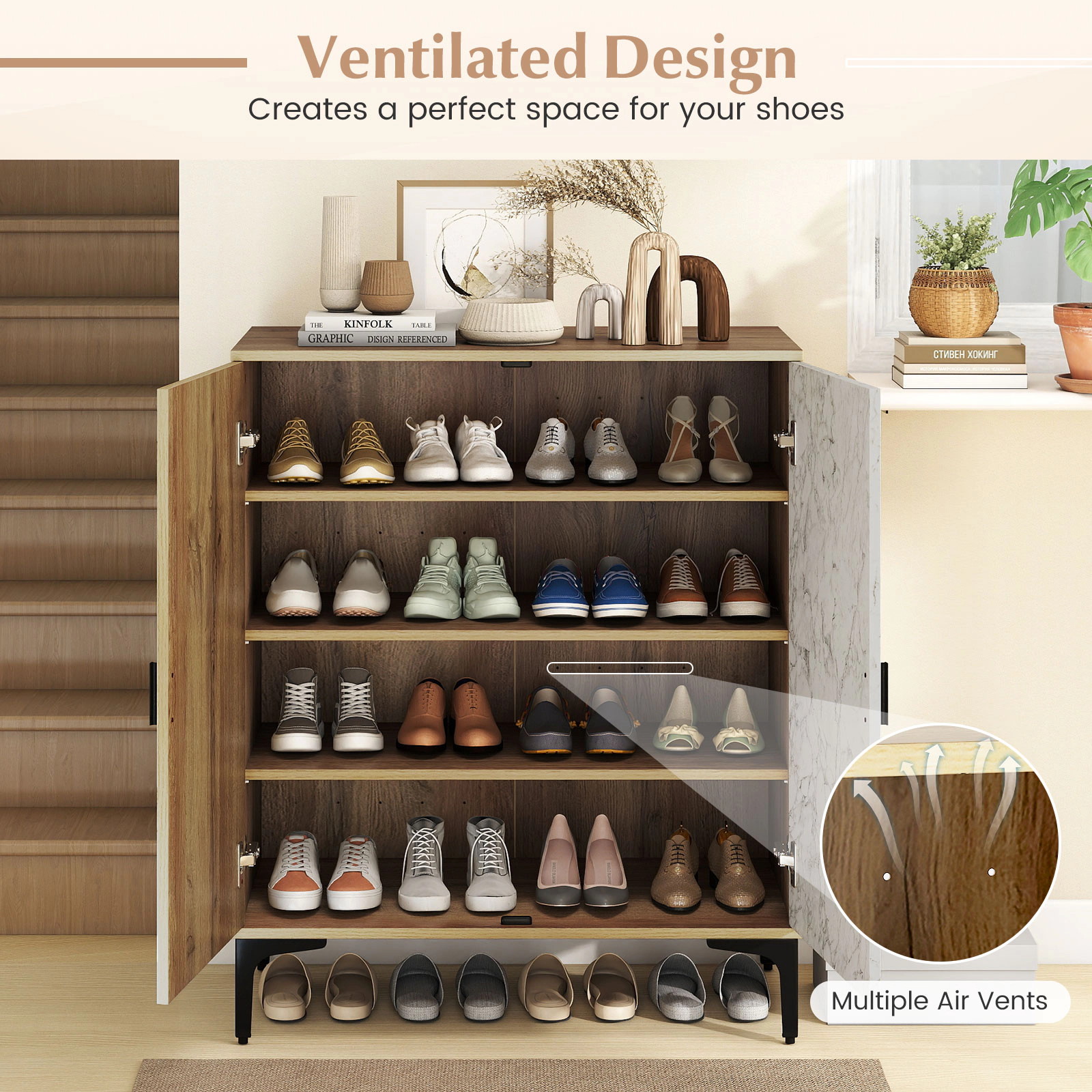 SUGIFT 4 Tier Farmhouse Shoe Storage Cabinet with Removable Shelves and Metal Legs 180-lb Capacity Walnut + White