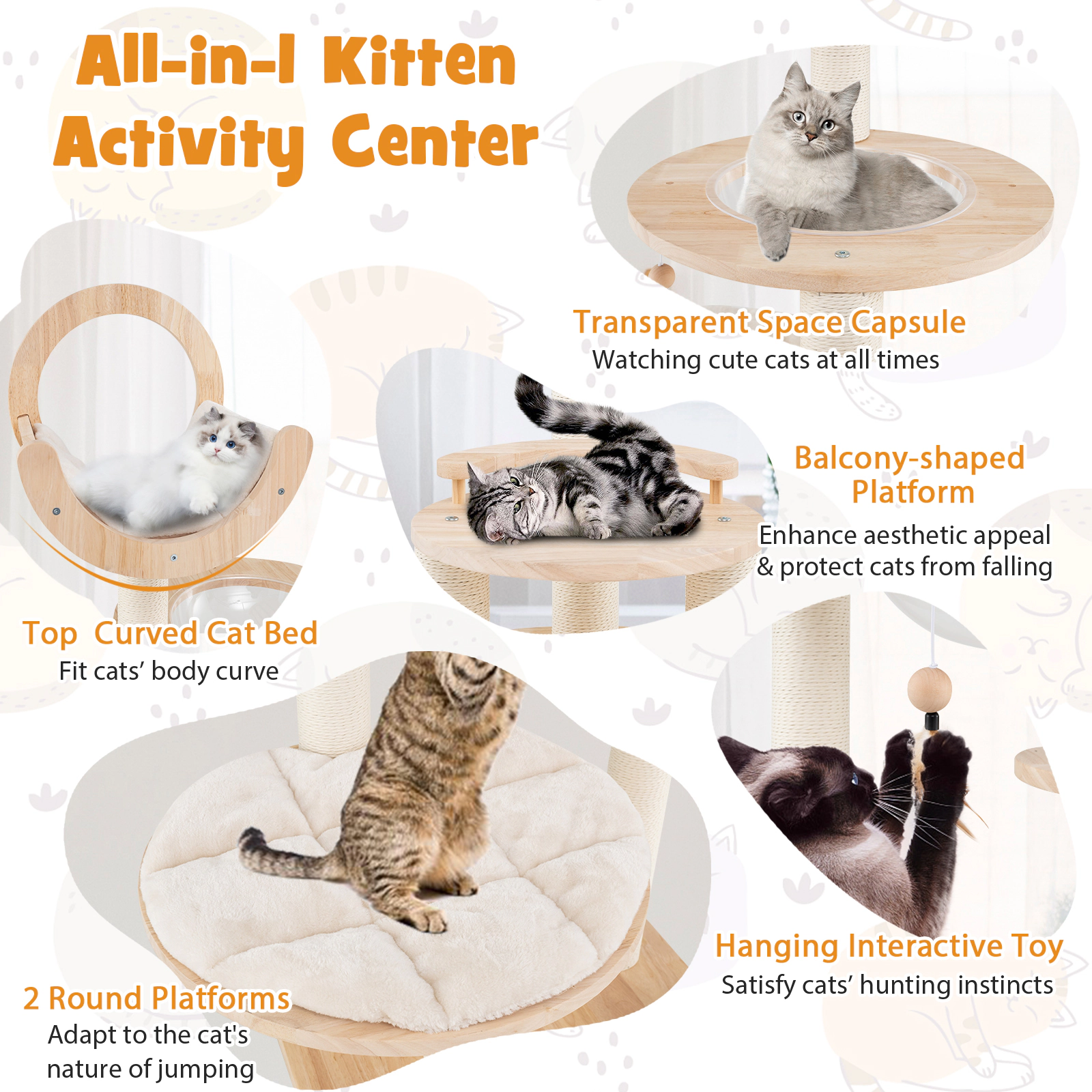 SUGIFT Beige 4-in-1 Large Wooden Cat Tower with Space Capsule Nest and Paper Rope Posts