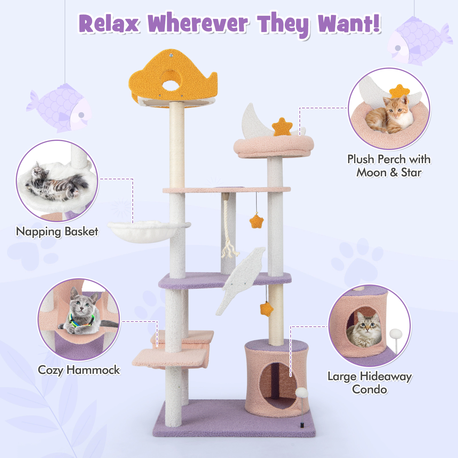 SUGIFT Purple 4-Platform Cat Tree Tower with Hammock and Scratching Posts 27-in W 19-in D 66-in H 33-lb Per Perch