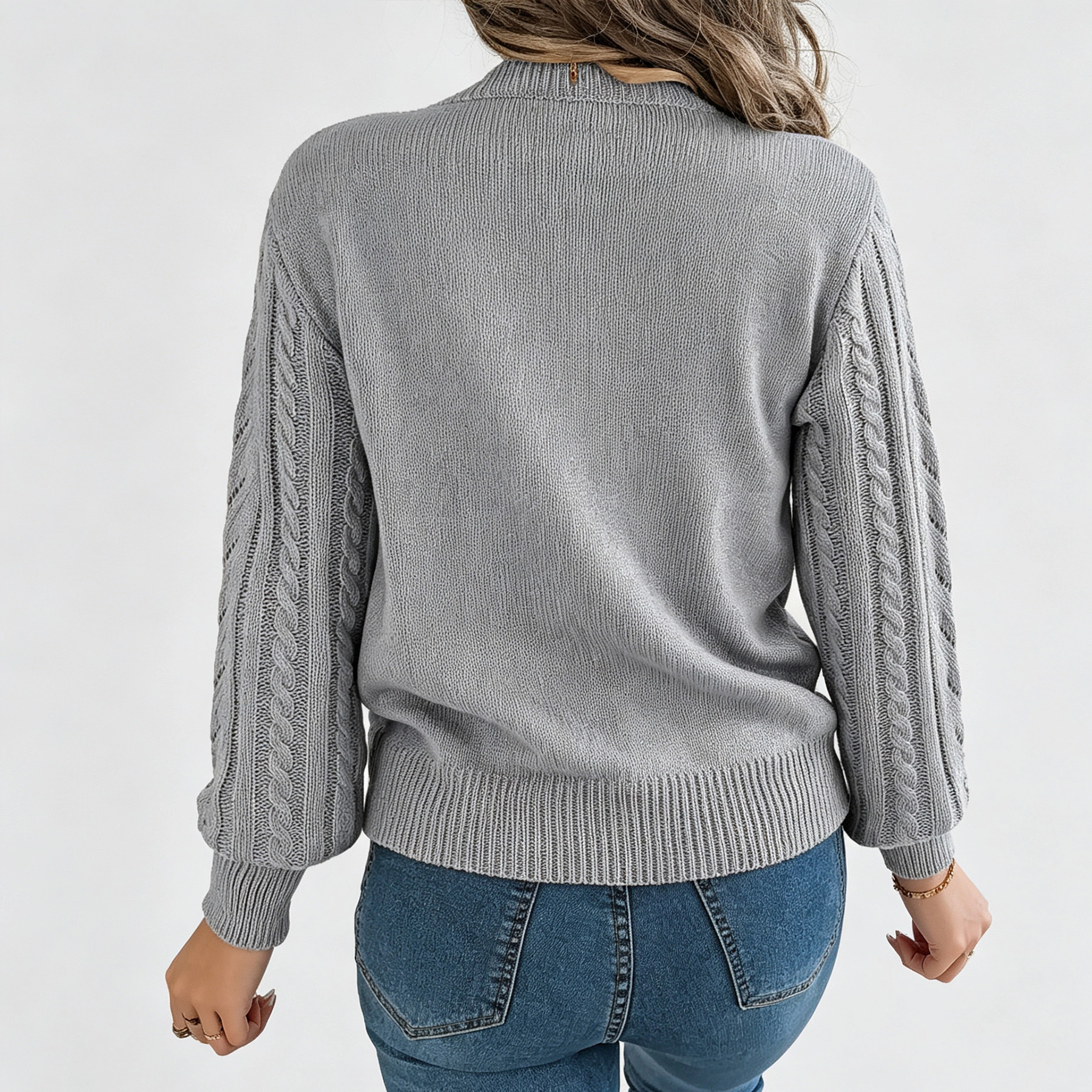 YesFashion Women's Cable Knit Sweaters Crewneck Lantern Long Sleeve Fall Winter Pullovers
