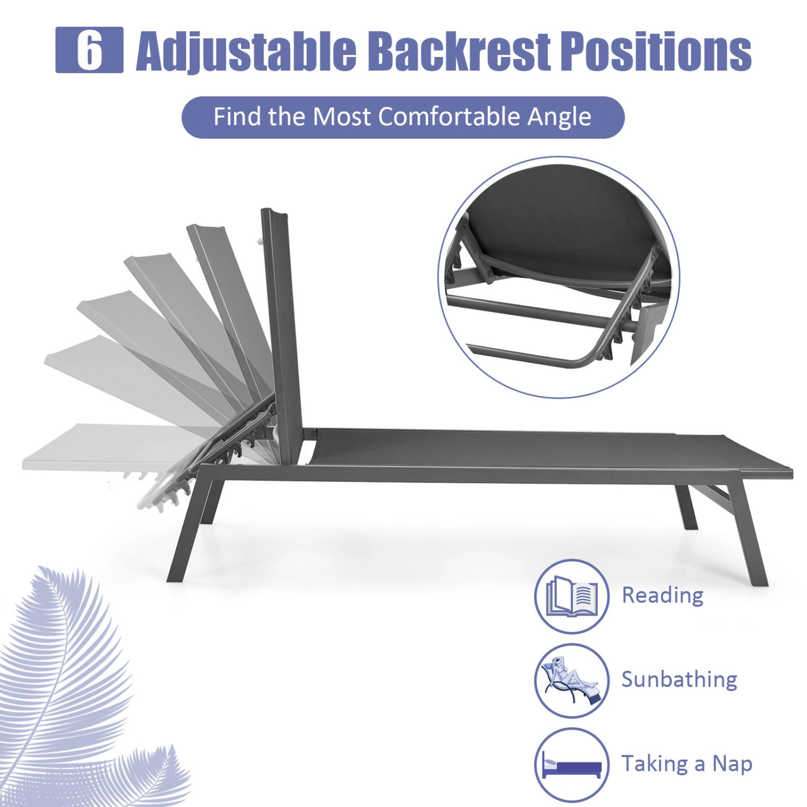 SUGIFT Outdoor Reclining Chaise Lounge Chair with 6-Position Adjustable Back 330-Lb Capacity Gray