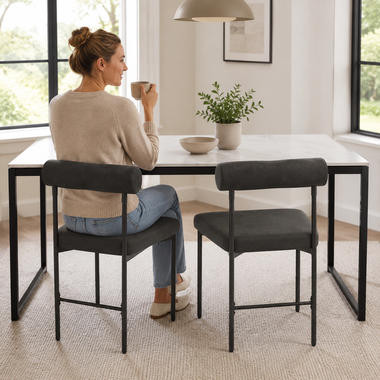 SUGIFT Gray Curved Padded Backrest and Metal Legs Set of 2 Faux Leather Kitchen Side Chairs