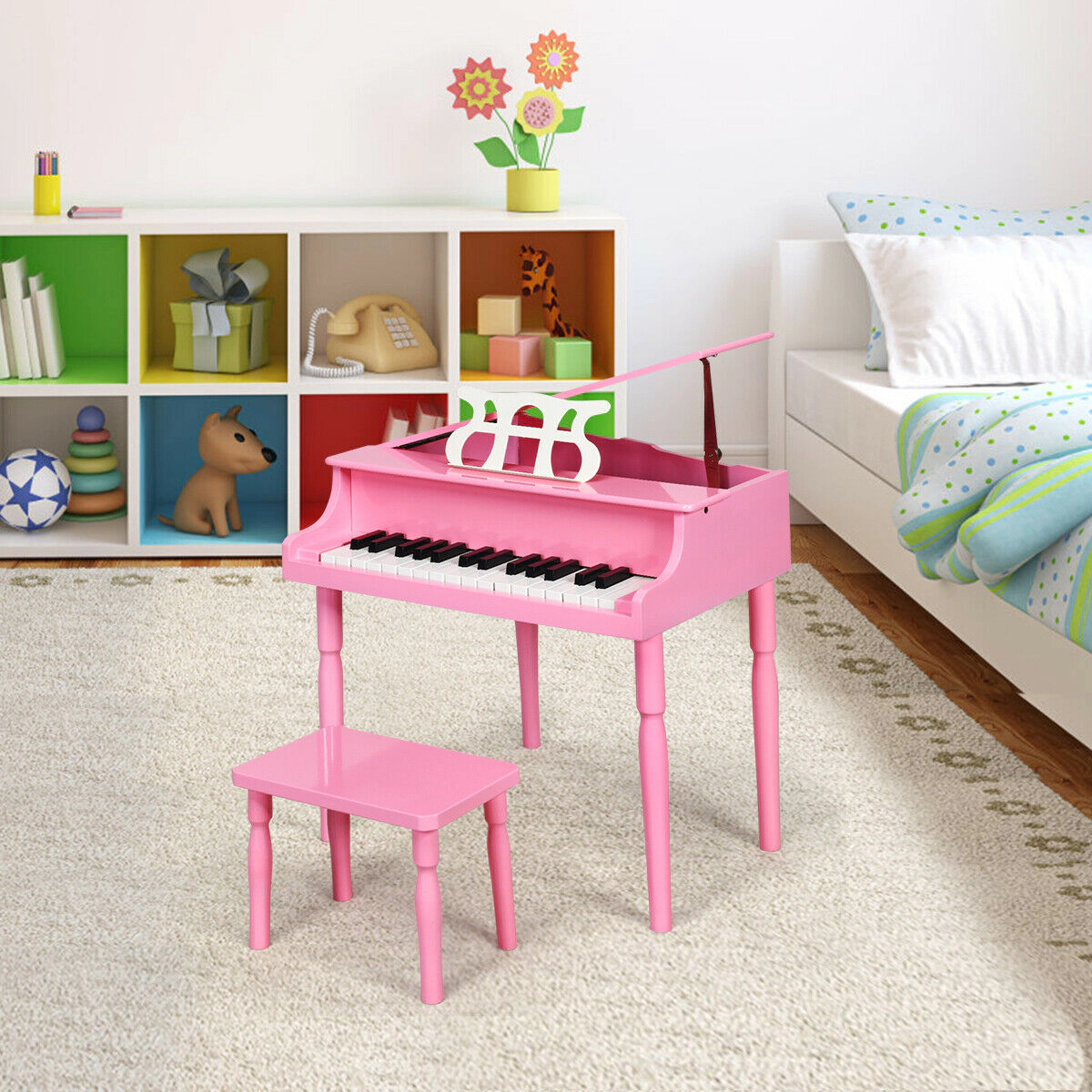 SUGIFT Pink 30-Key Wood Kids Grand Piano with Bench Music Rack Straight Legs and Skin-Safe Smooth Surface